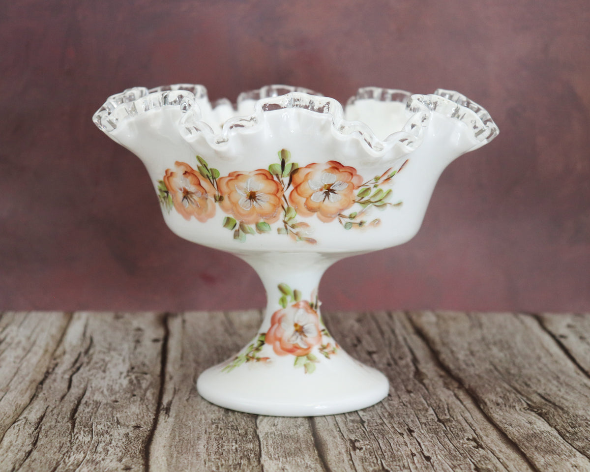Fenton Silver Crest Hand Painted Floral Milk Glass Compote Bowl – Vintage Pedestal Centerpiece