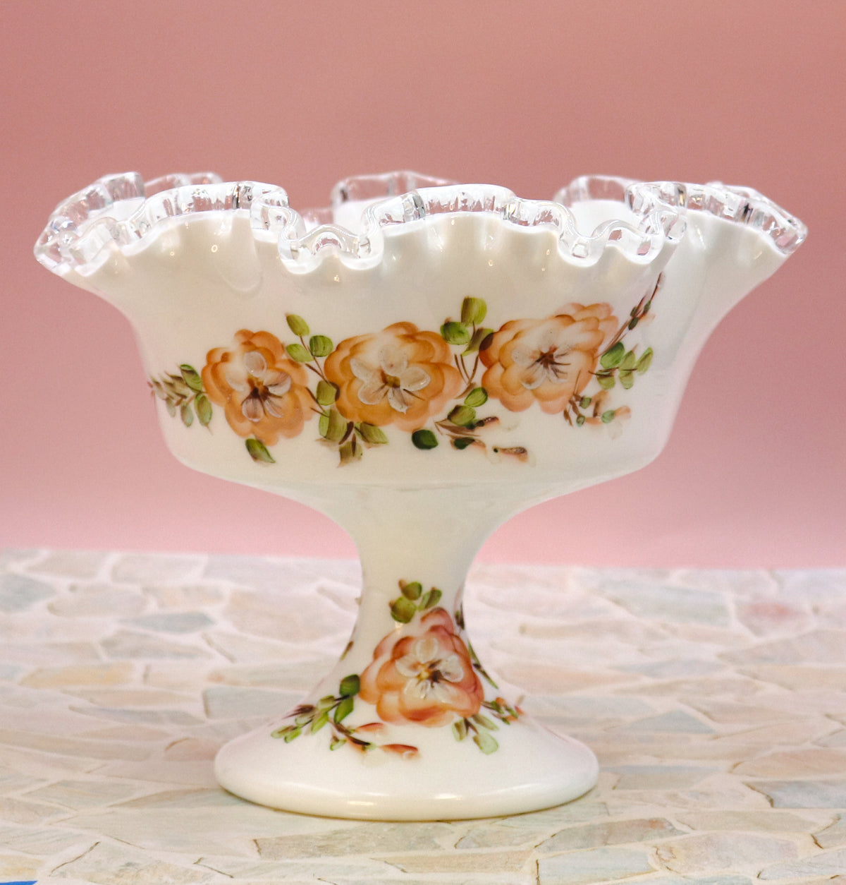 Fenton Silver Crest Hand Painted Floral Milk Glass Compote Bowl – Vintage Pedestal Centerpiece