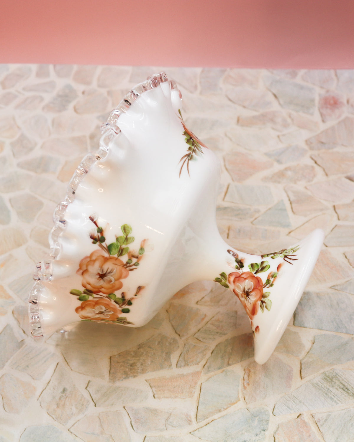 Fenton Silver Crest Hand Painted Floral Milk Glass Compote Bowl – Vintage Pedestal Centerpiece
