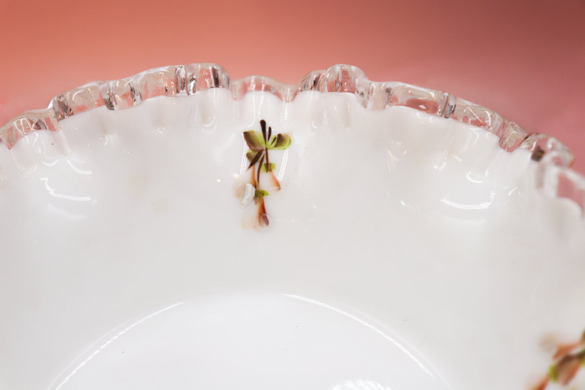 Fenton Silver Crest Hand Painted Floral Milk Glass Compote Bowl – Vintage Pedestal Centerpiece