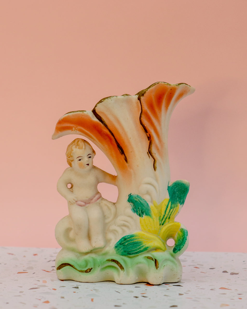 Vintage Occupied Japan Cherub Shell Planter – Hand Painted Porcelain Figural Vase with Gold Trim