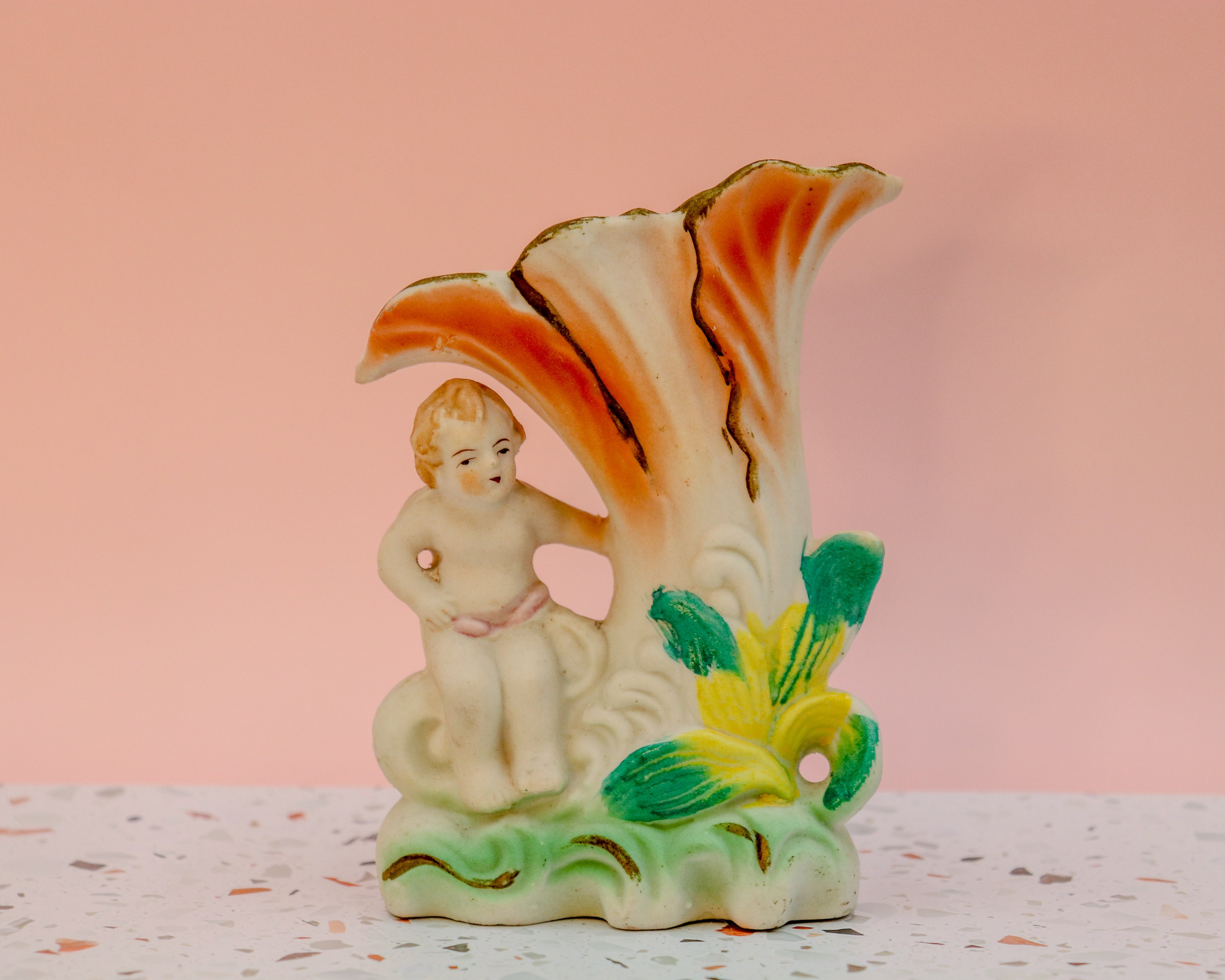 Vintage Occupied Japan Cherub Shell Planter – Hand Painted Porcelain Figural Vase with Gold Trim