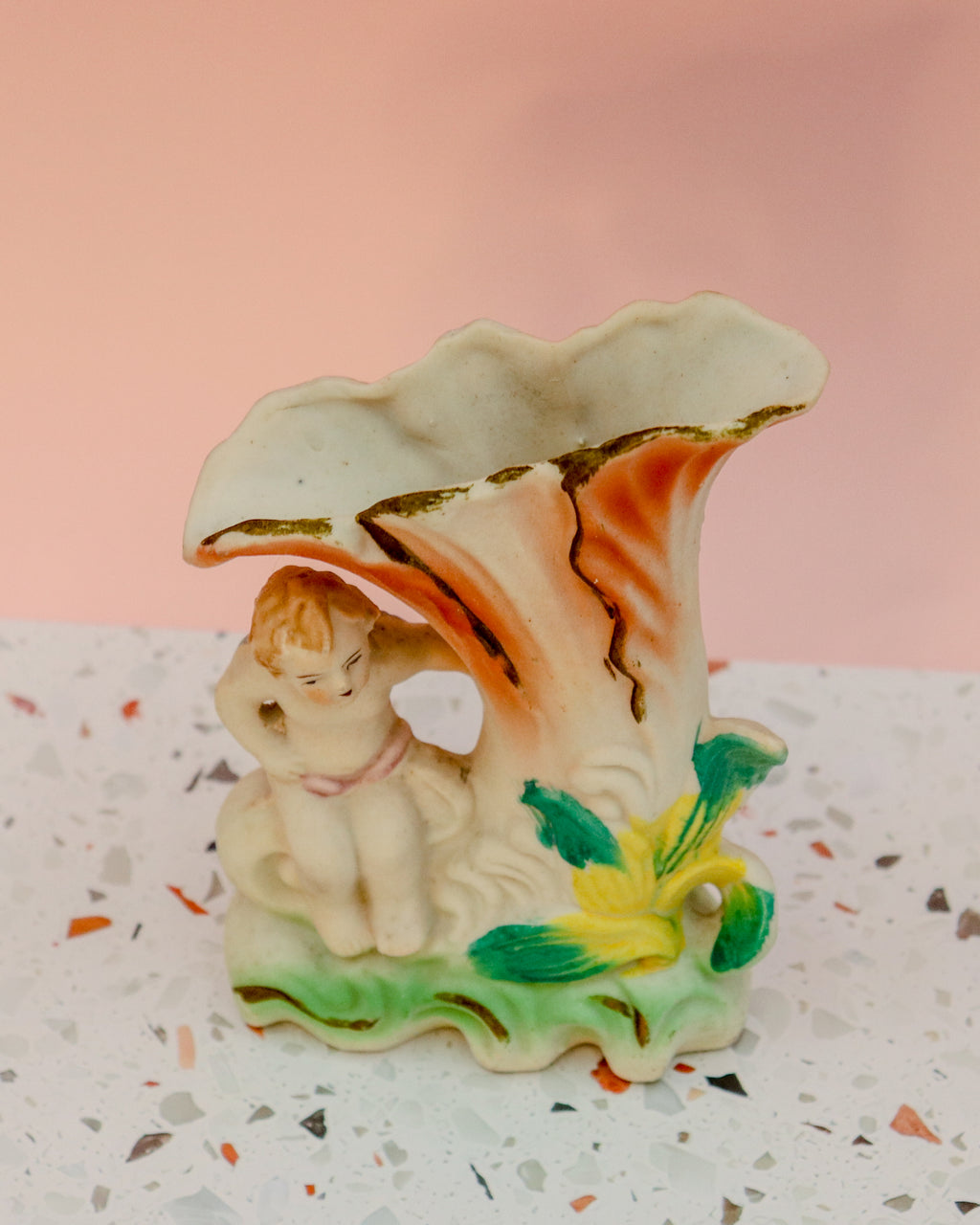 Vintage Occupied Japan Cherub Shell Planter – Hand Painted Porcelain Figural Vase with Gold Trim