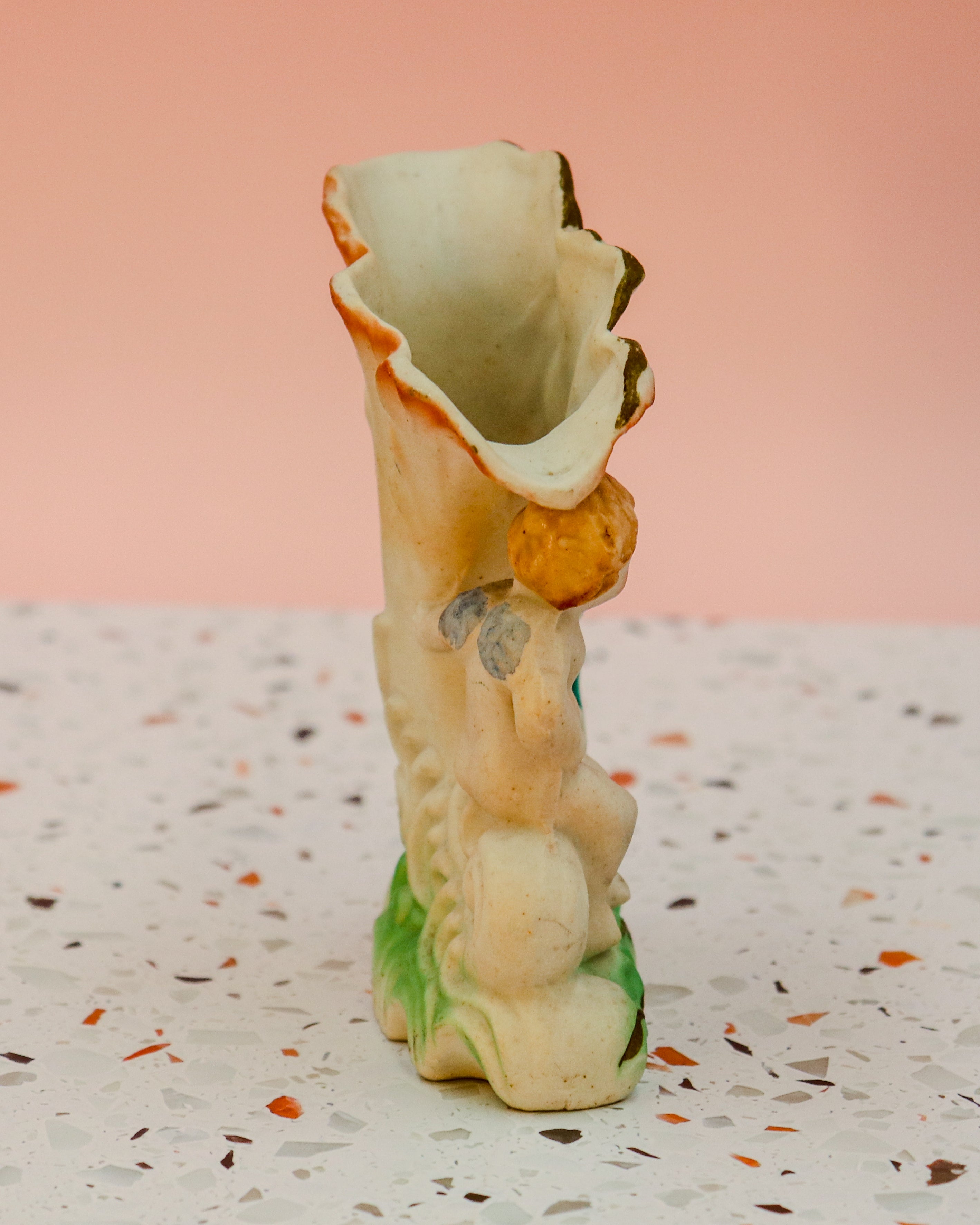 Vintage Occupied Japan Cherub Shell Planter – Hand Painted Porcelain Figural Vase with Gold Trim