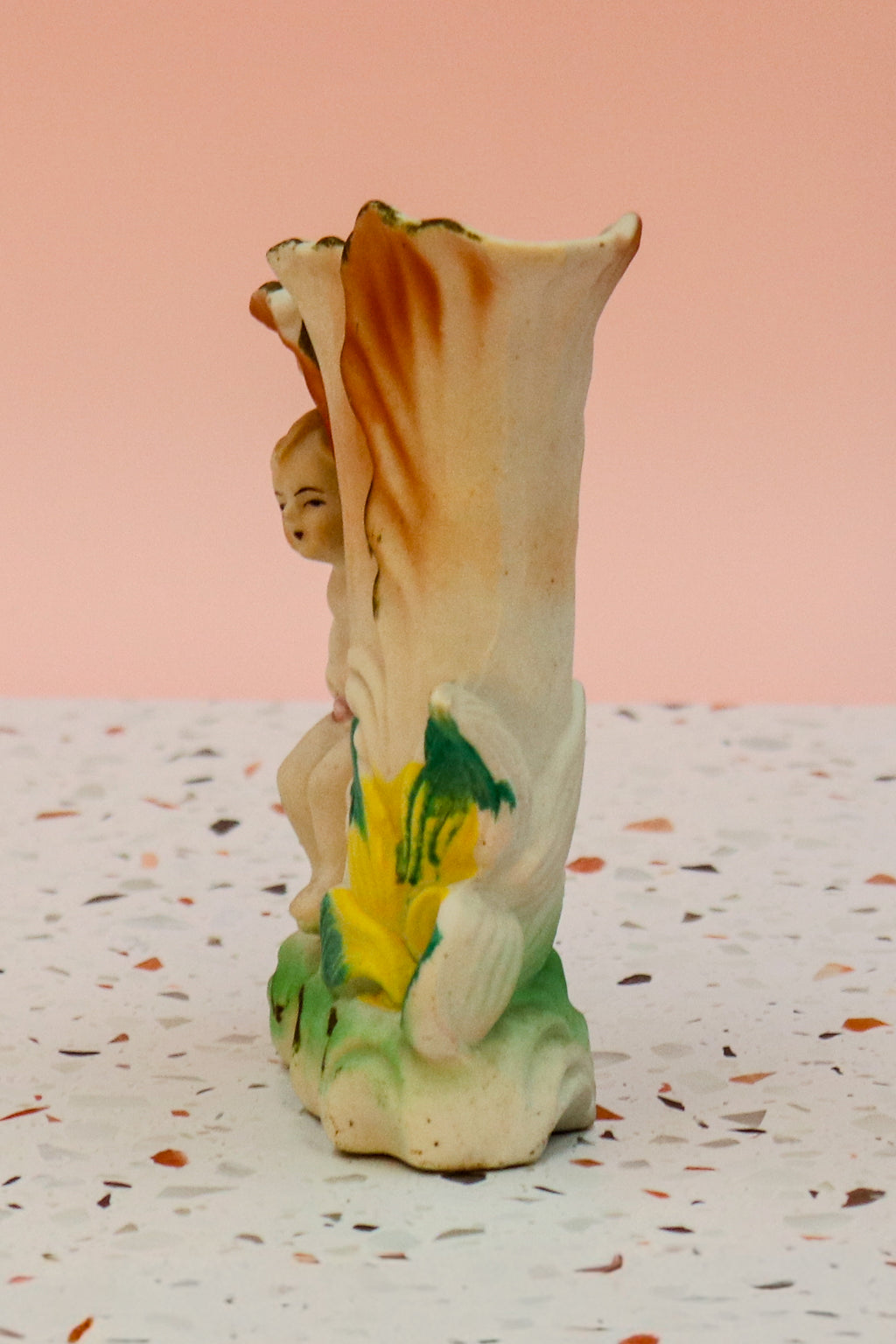 Vintage Occupied Japan Cherub Shell Planter – Hand Painted Porcelain Figural Vase with Gold Trim