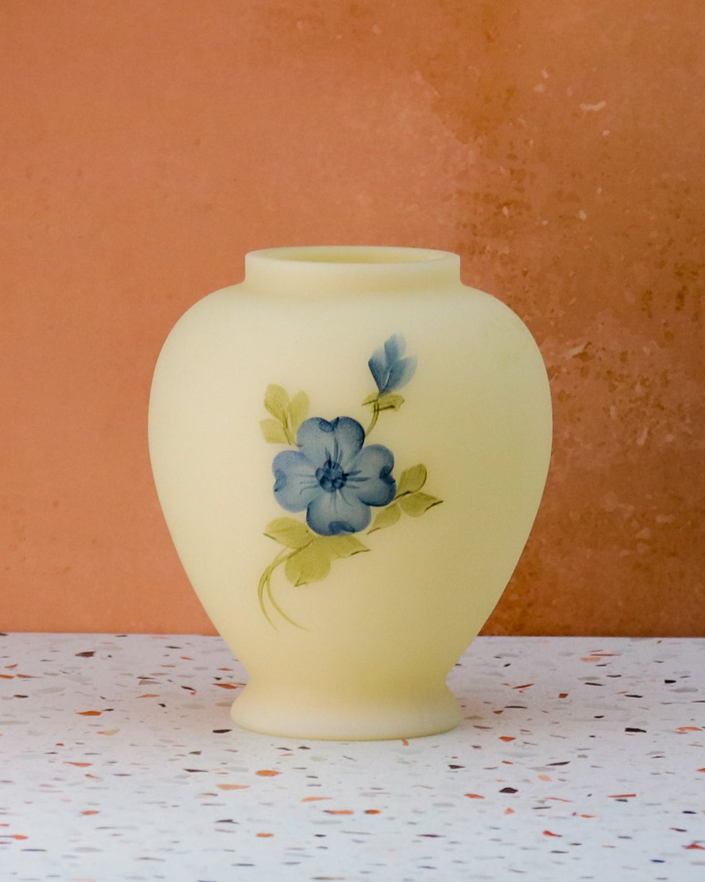 Fenton Hand Painted Signed Custard Glass Ginger Jar – Blue Floral Satin Glass Vase (No Lid)