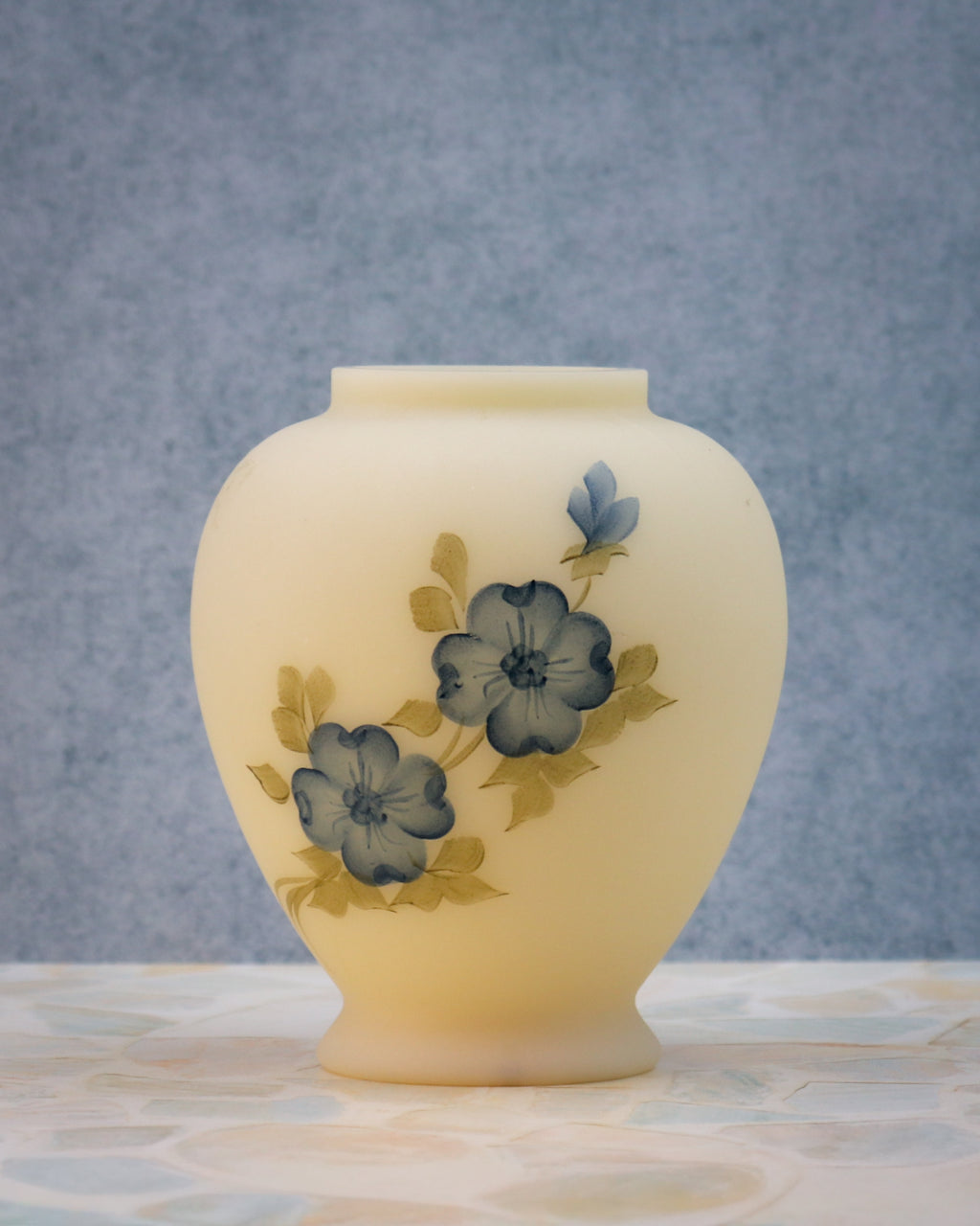 Fenton Hand Painted Signed Custard Glass Ginger Jar – Blue Floral Satin Glass Vase (No Lid)