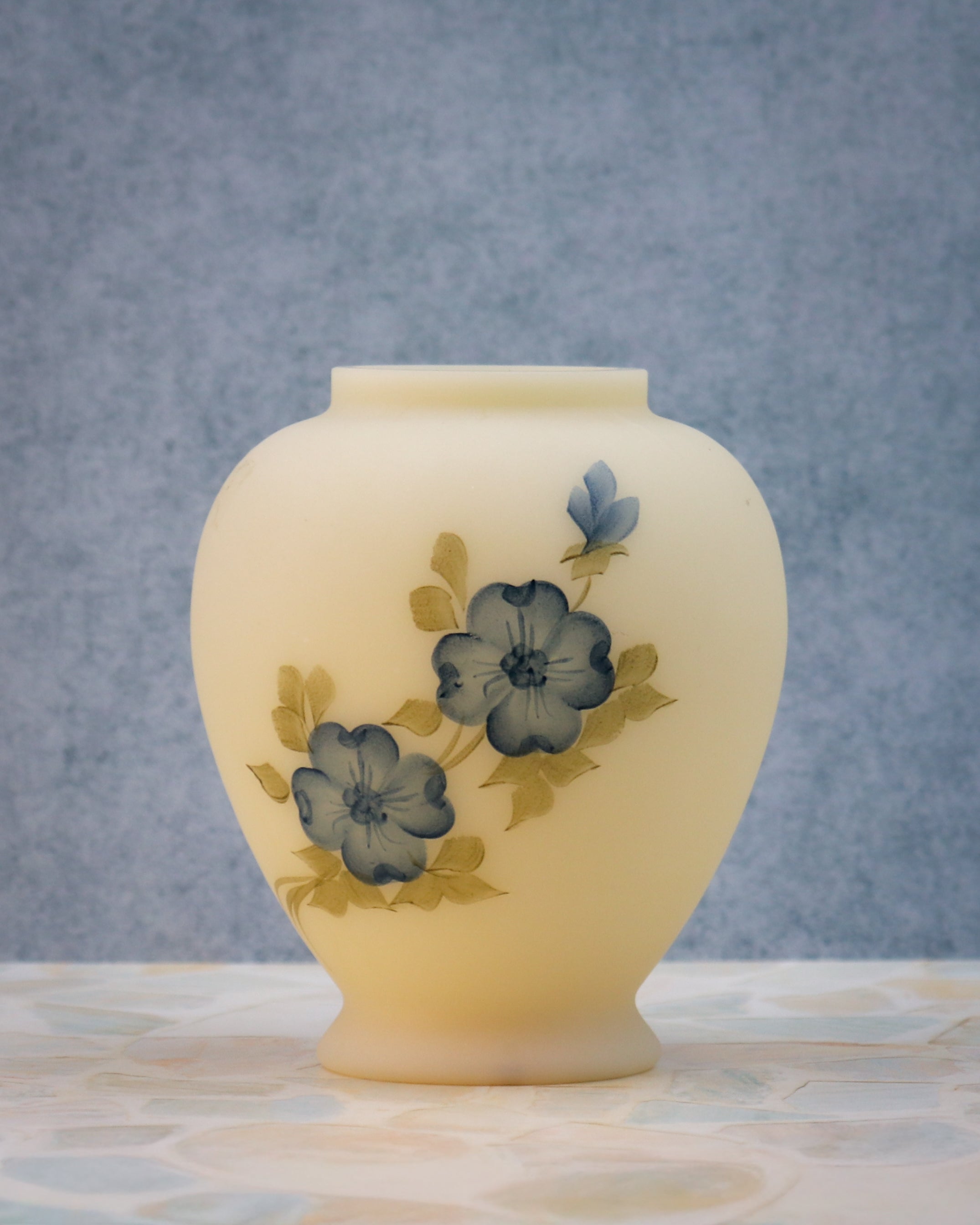 Fenton Hand Painted Signed Custard Glass Ginger Jar – Blue Floral Satin Glass Vase (No Lid)