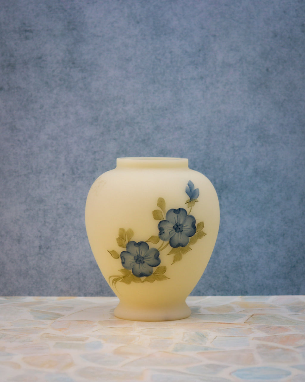 Fenton Hand Painted Signed Custard Glass Ginger Jar – Blue Floral Satin Glass Vase (No Lid)