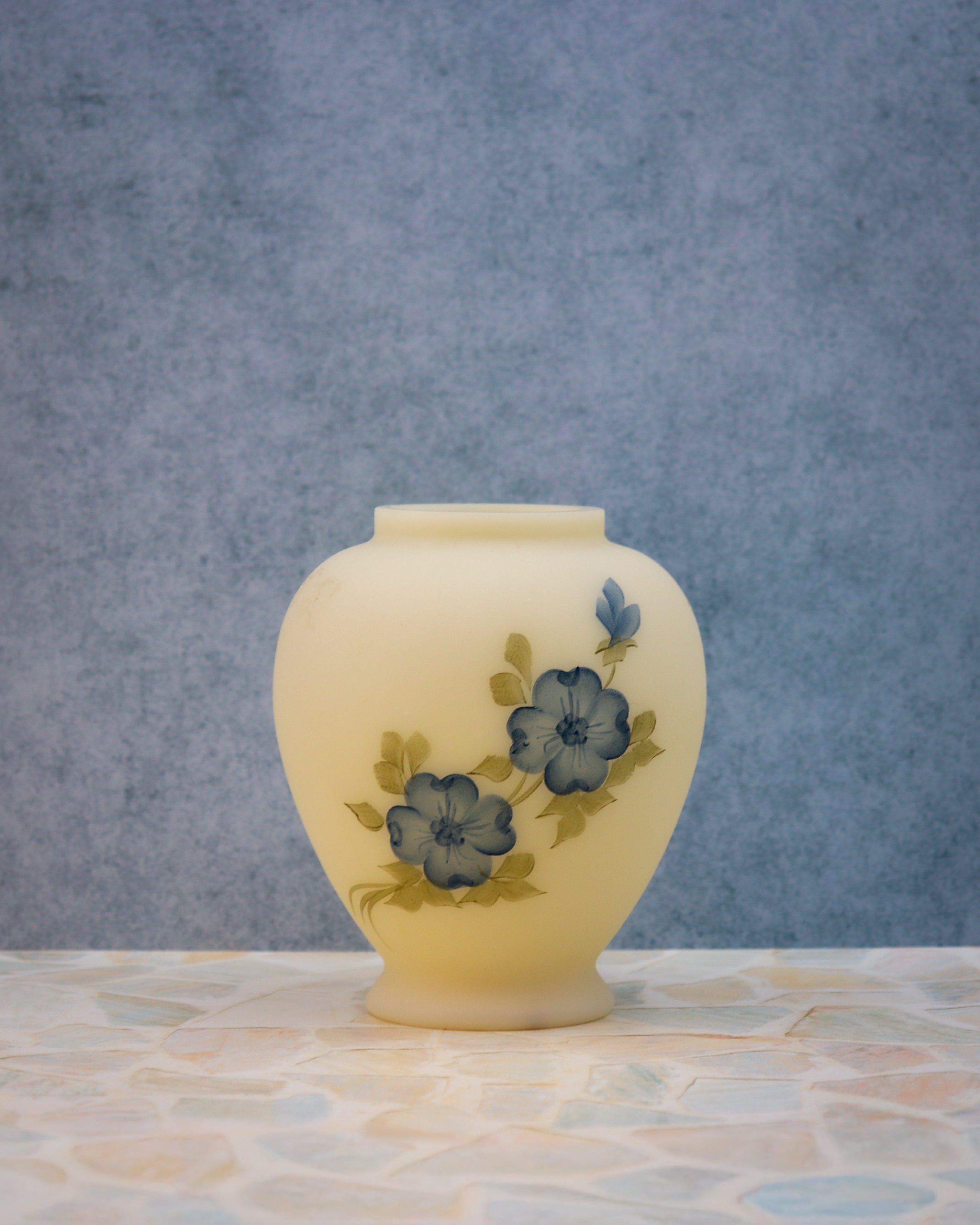 Fenton Hand Painted Signed Custard Glass Ginger Jar – Blue Floral Satin Glass Vase (No Lid)