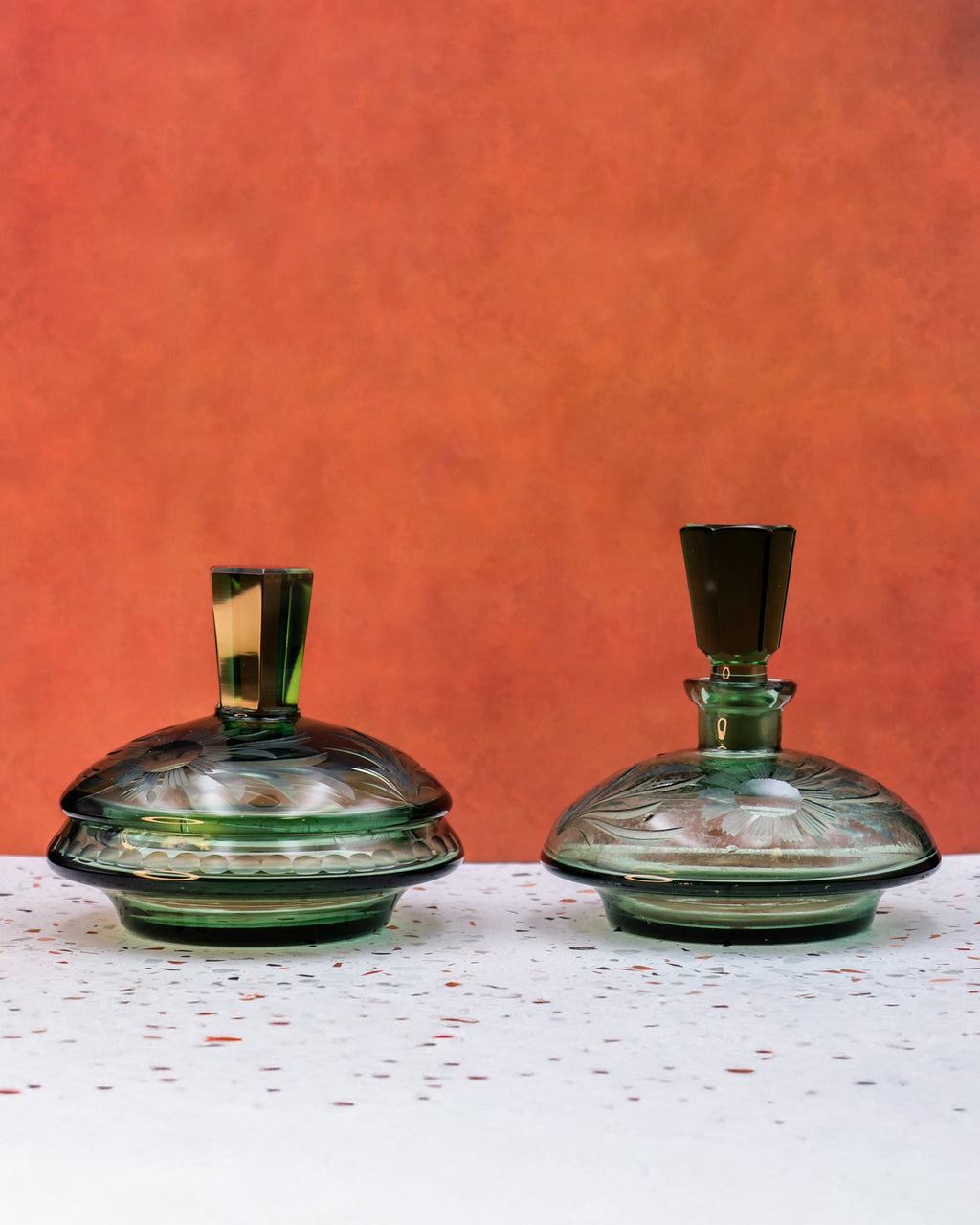 Art Deco Emerald Green Cut Glass Decanter & Covered Candy Dish with Original Stopper