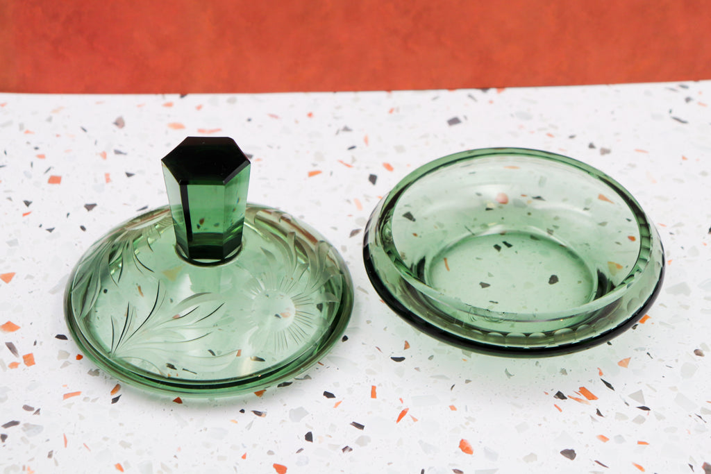 Art Deco Emerald Green Cut Glass Decanter & Covered Candy Dish with Original Stopper