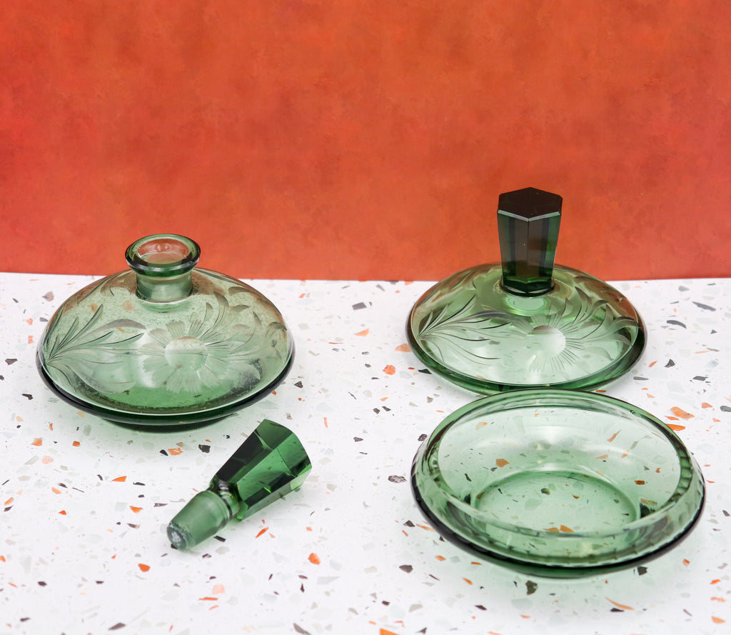 Art Deco Emerald Green Cut Glass Decanter & Covered Candy Dish with Original Stopper