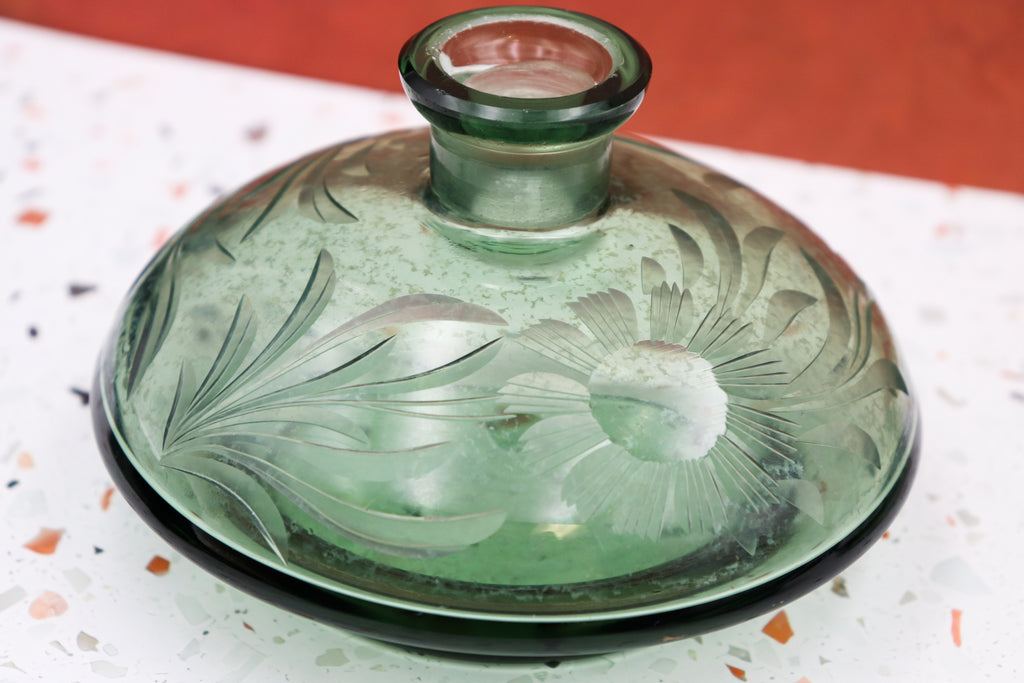 Art Deco Emerald Green Cut Glass Decanter & Covered Candy Dish with Original Stopper