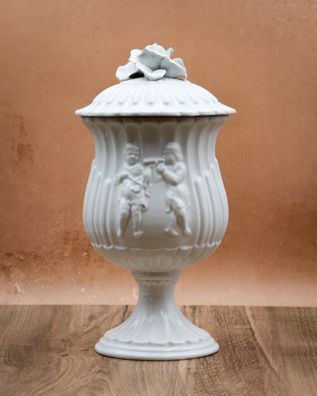 Vintage Italian White Porcelain Lidded Urn Vase – Cherub Putti Classical Pedestal Jar