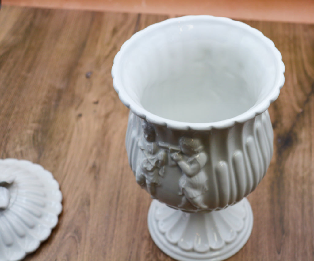Vintage Italian White Porcelain Lidded Urn Vase – Cherub Putti Classical Pedestal Jar
