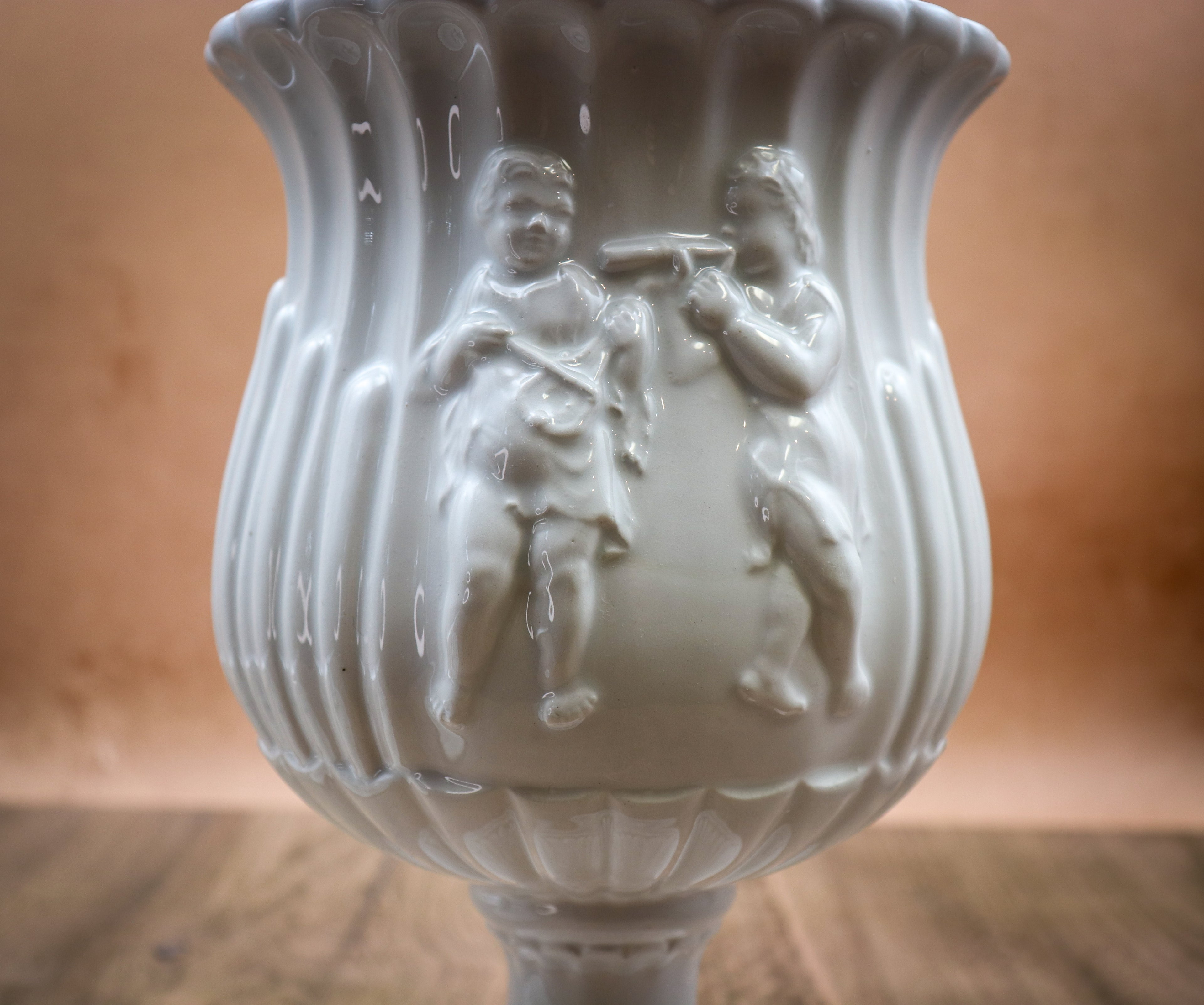 Vintage Italian White Porcelain Lidded Urn Vase – Cherub Putti Classical Pedestal Jar