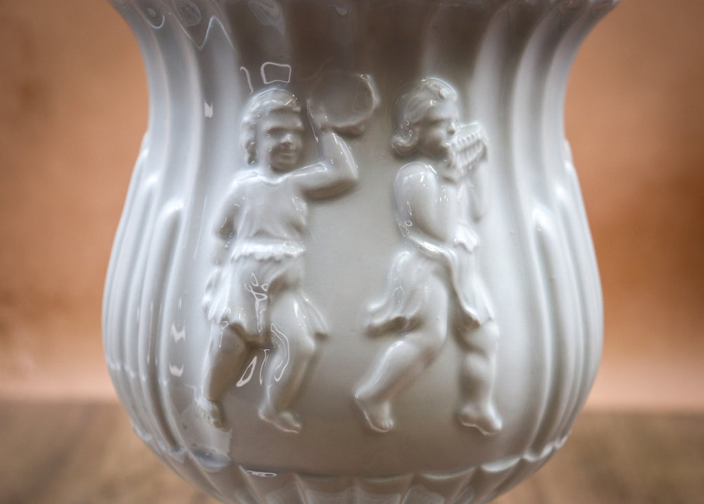 Vintage Italian White Porcelain Lidded Urn Vase – Cherub Putti Classical Pedestal Jar