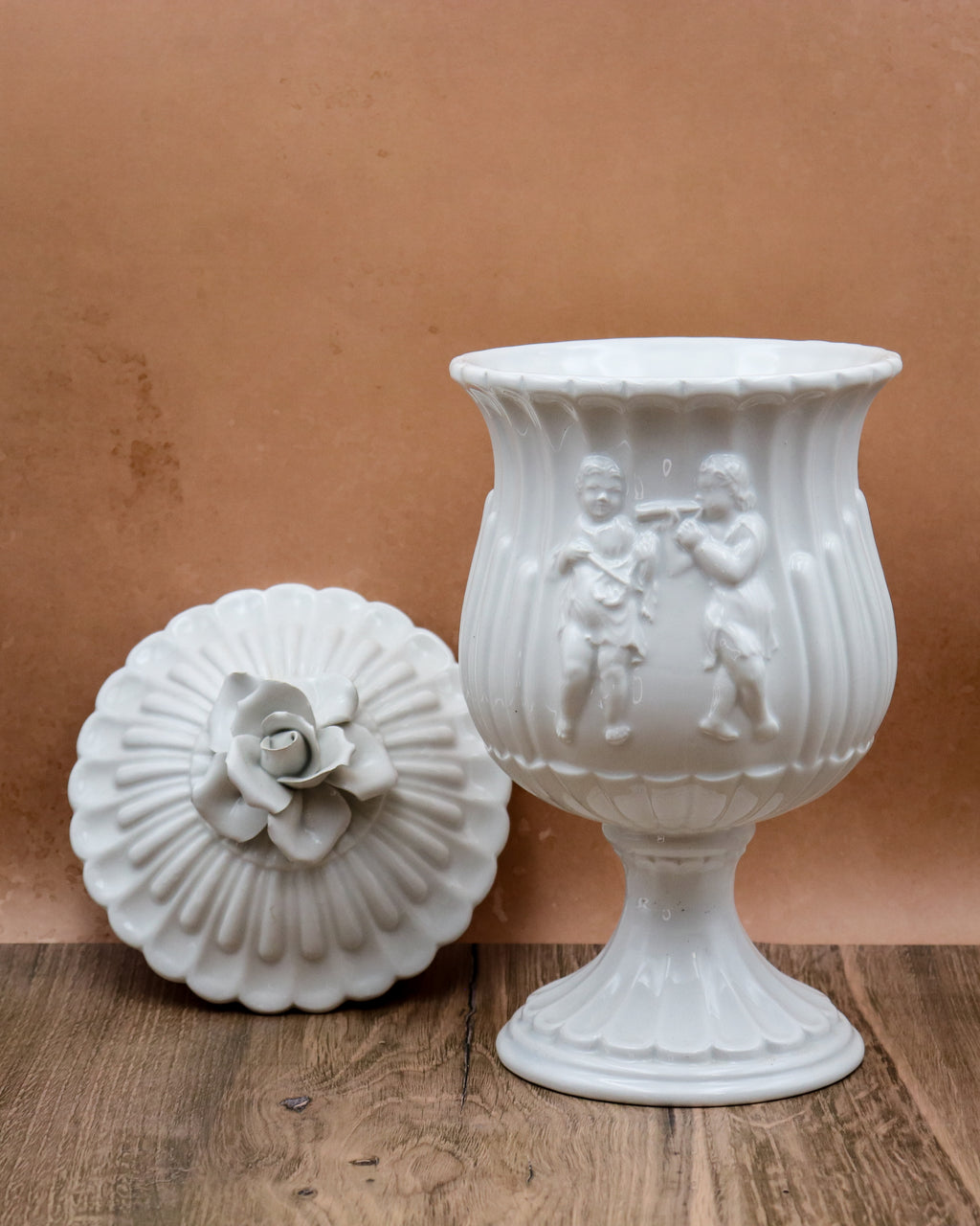 Vintage Italian White Porcelain Lidded Urn Vase – Cherub Putti Classical Pedestal Jar