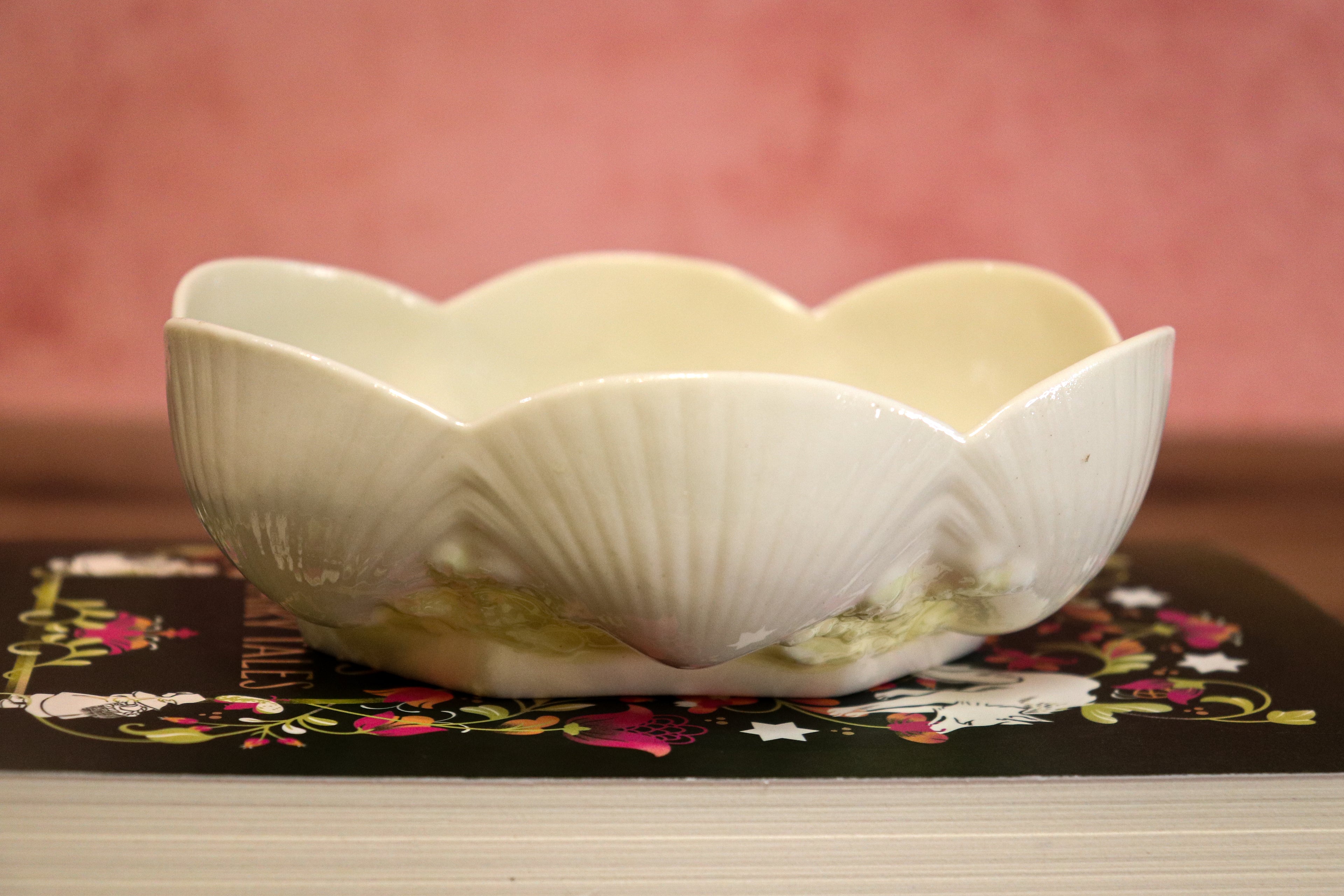Vintage Belleek Ireland Shell Bowl – Yellow Lustre Trim, 7th Black Mark Porcelain Dish