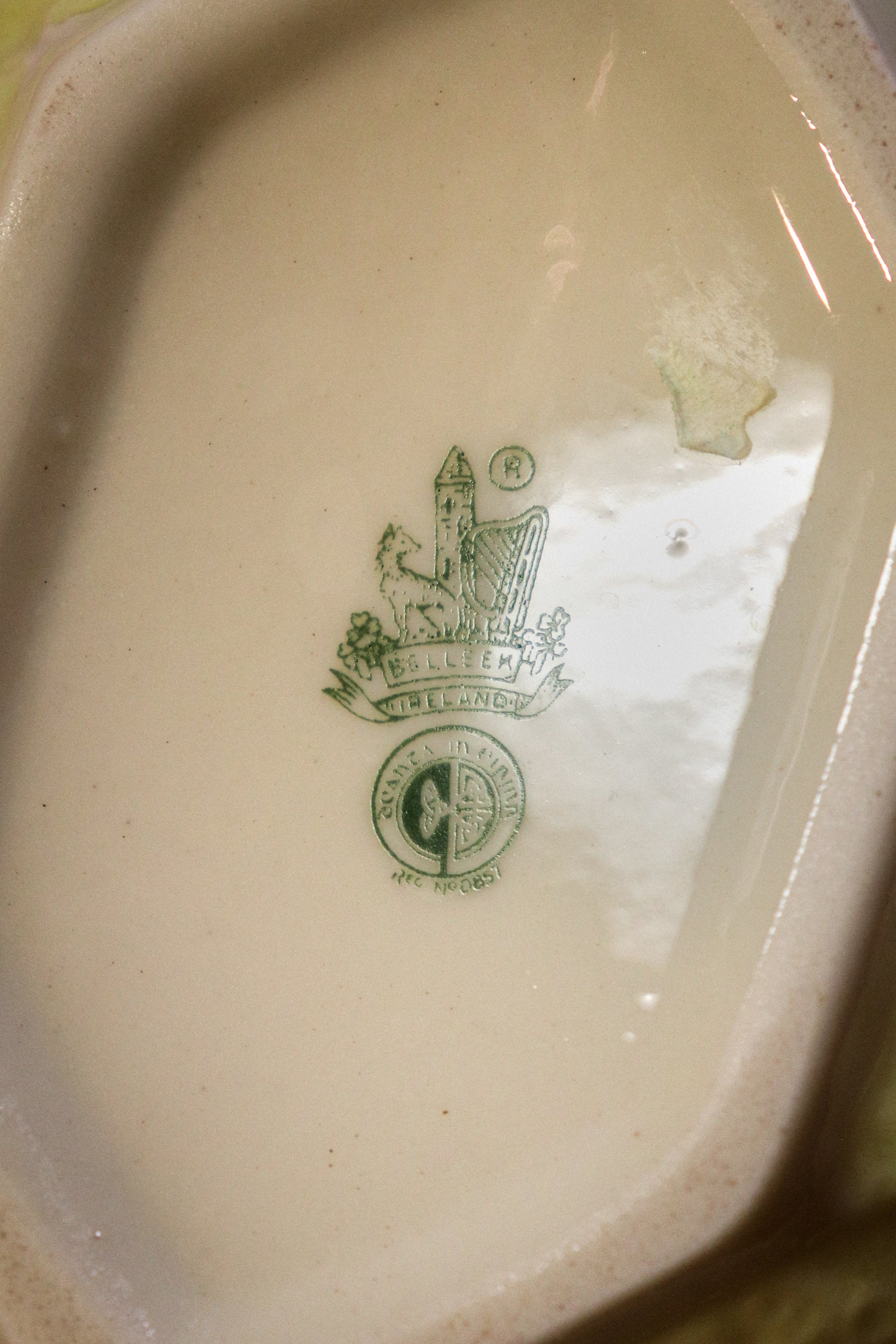 Vintage Belleek Ireland Shell Bowl – Yellow Lustre Trim, 7th Black Mark Porcelain Dish