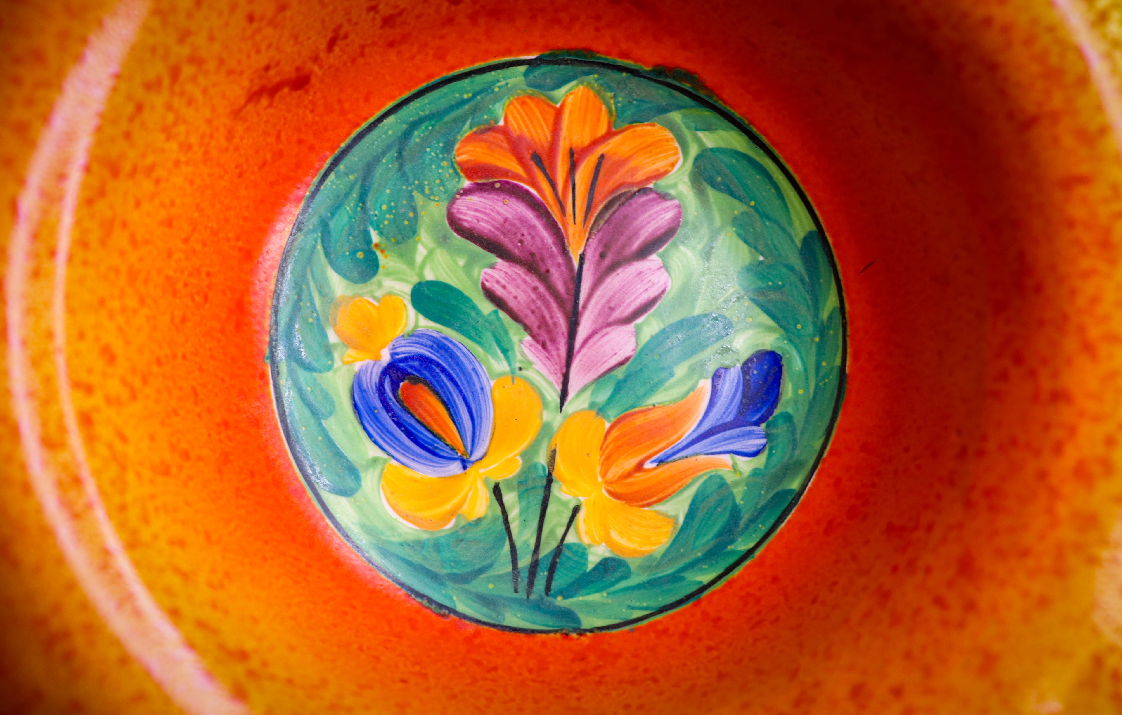 Art Deco Czechoslovakia Hand-Painted Orange Spatter Pedestal Compote Bowl