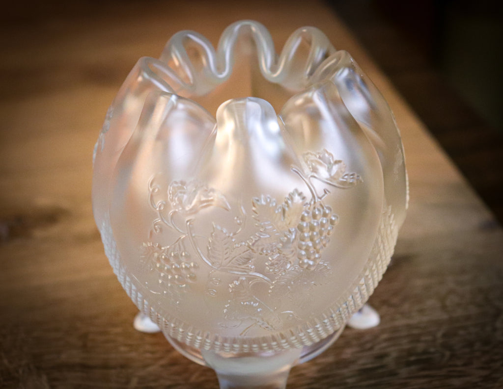 Vintage Fenton Frosted Satin Glass Rose Bowl – Grapes & Leaves Relief Vase