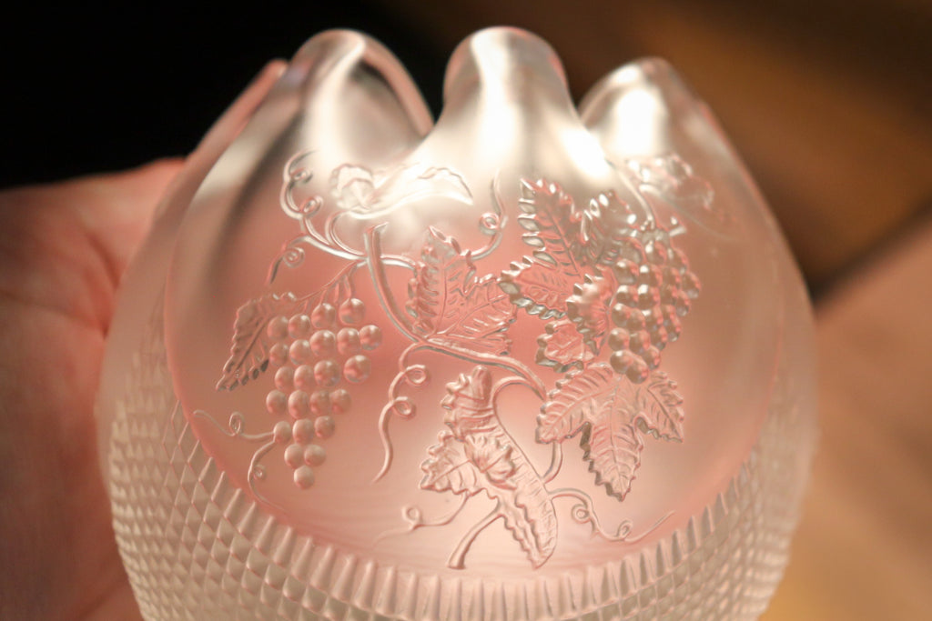 Vintage Fenton Frosted Satin Glass Rose Bowl – Grapes & Leaves Relief Vase
