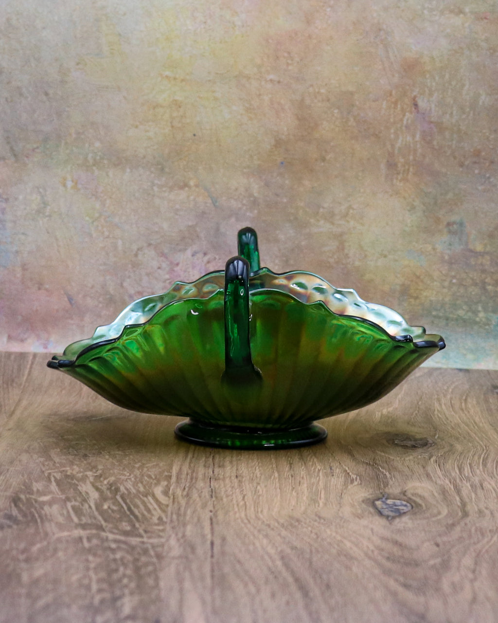 Fenton Stippled Rays Green Carnival Glass Bon Bon Bowl – Double Handled Vintage Candy Dish