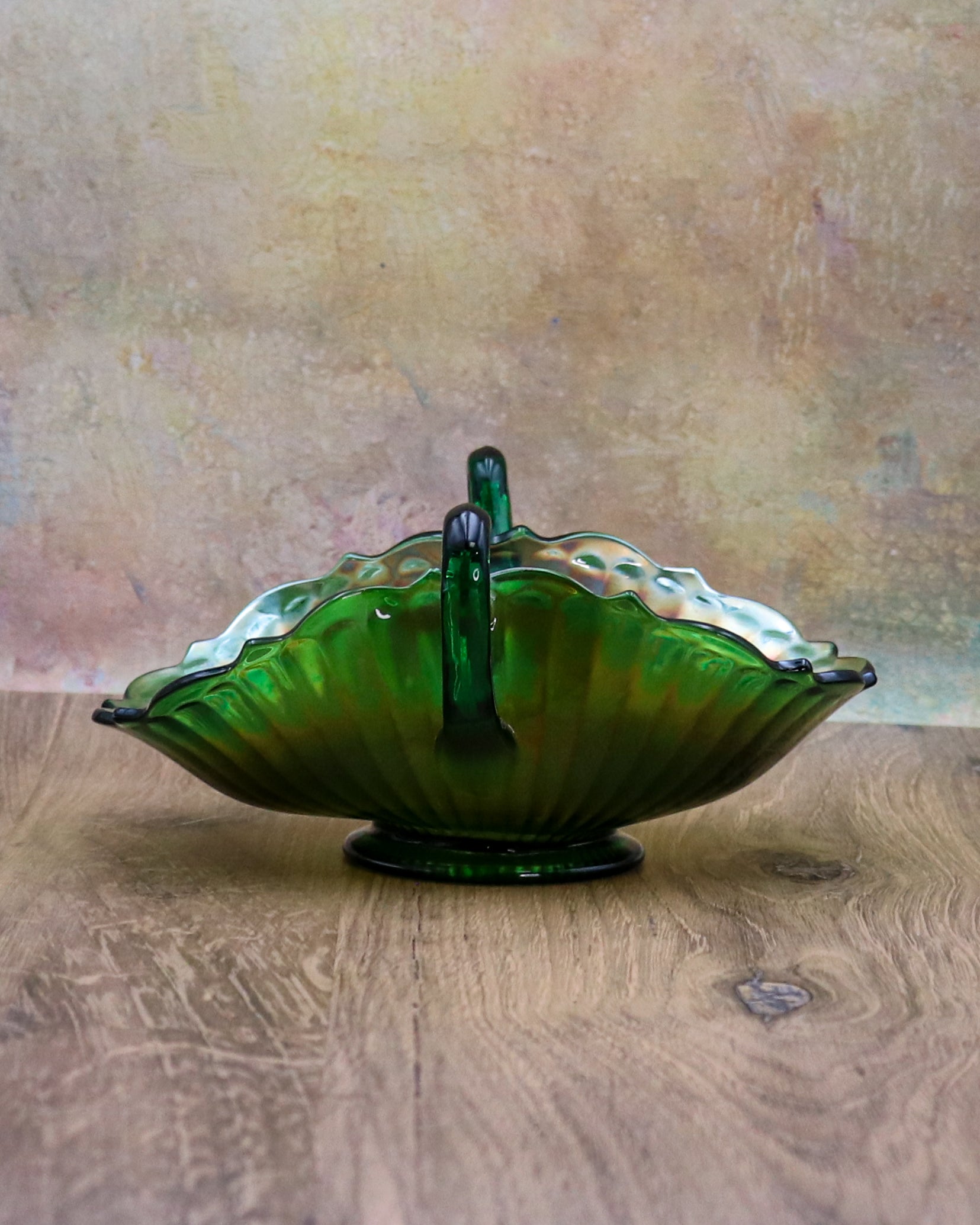 Fenton Stippled Rays Green Carnival Glass Bon Bon Bowl – Double Handled Vintage Candy Dish