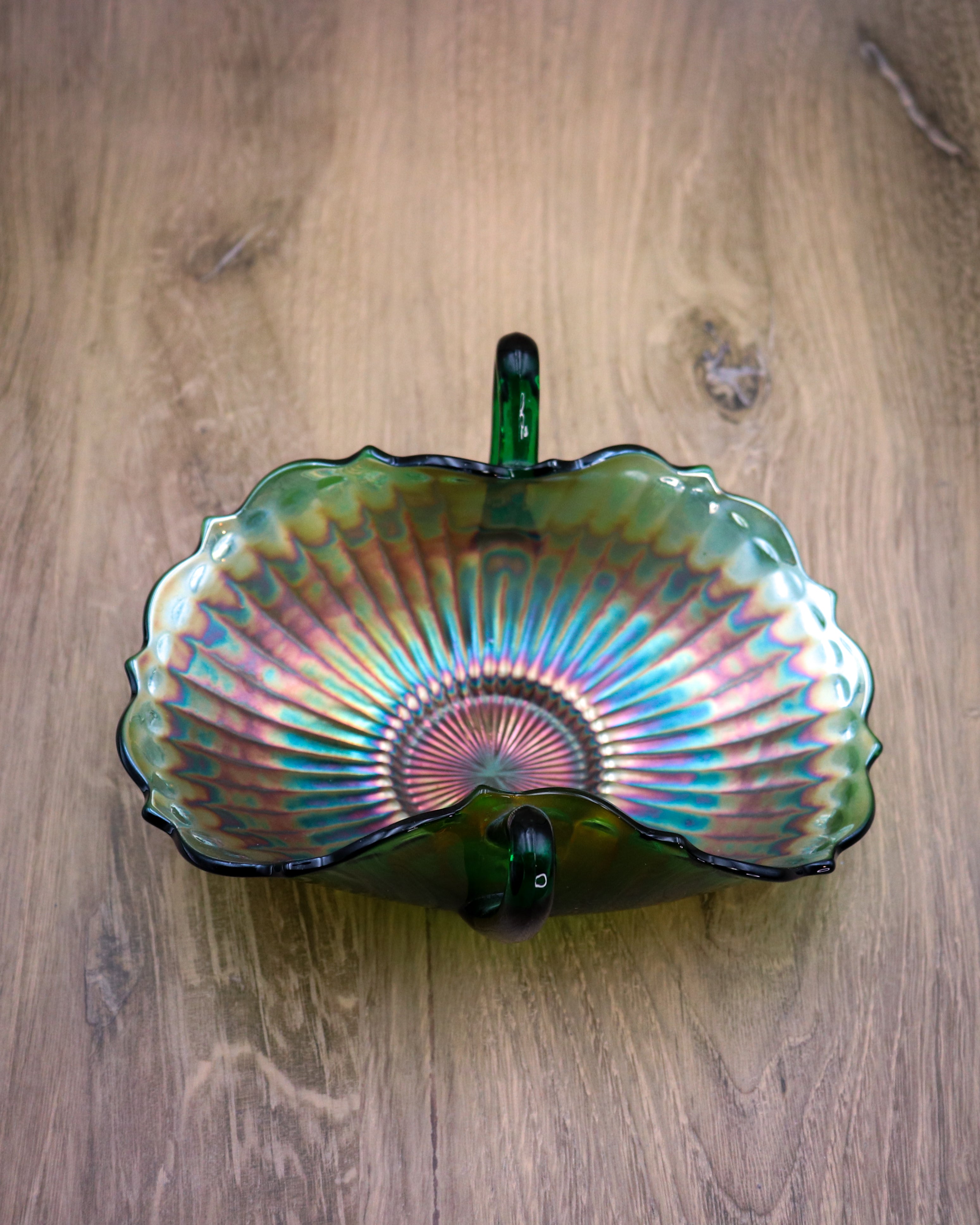 Fenton Stippled Rays Green Carnival Glass Bon Bon Bowl – Double Handled Vintage Candy Dish