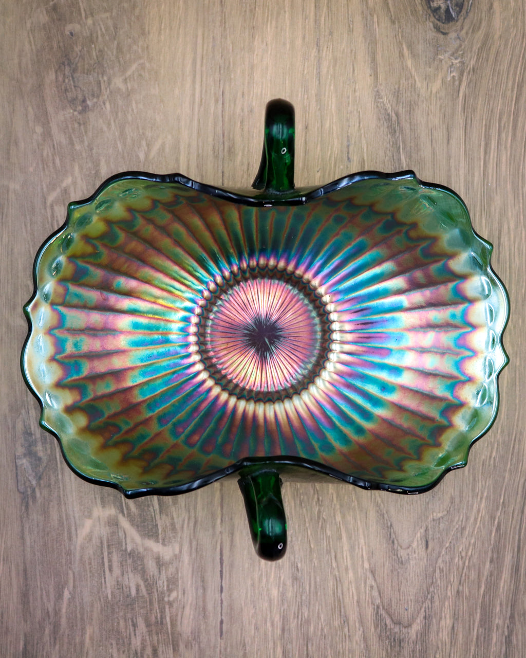 Fenton Stippled Rays Green Carnival Glass Bon Bon Bowl – Double Handled Vintage Candy Dish