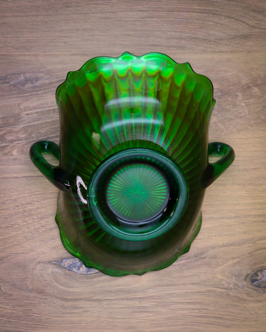 Fenton Stippled Rays Green Carnival Glass Bon Bon Bowl – Double Handled Vintage Candy Dish