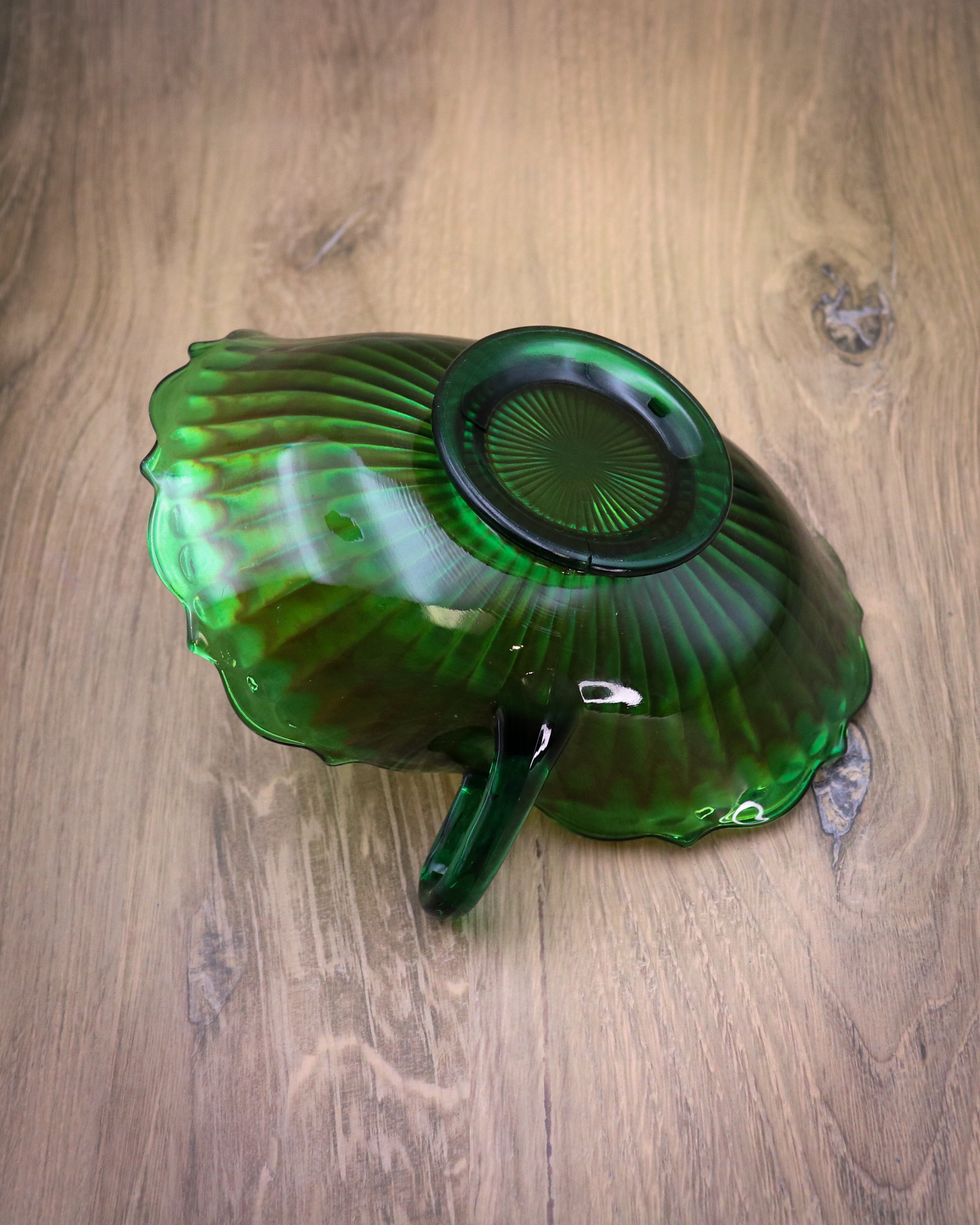 Fenton Stippled Rays Green Carnival Glass Bon Bon Bowl – Double Handled Vintage Candy Dish