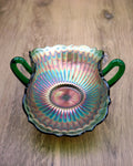 Fenton Stippled Rays Green Carnival Glass Bon Bon Bowl – Double Handled Vintage Candy Dish