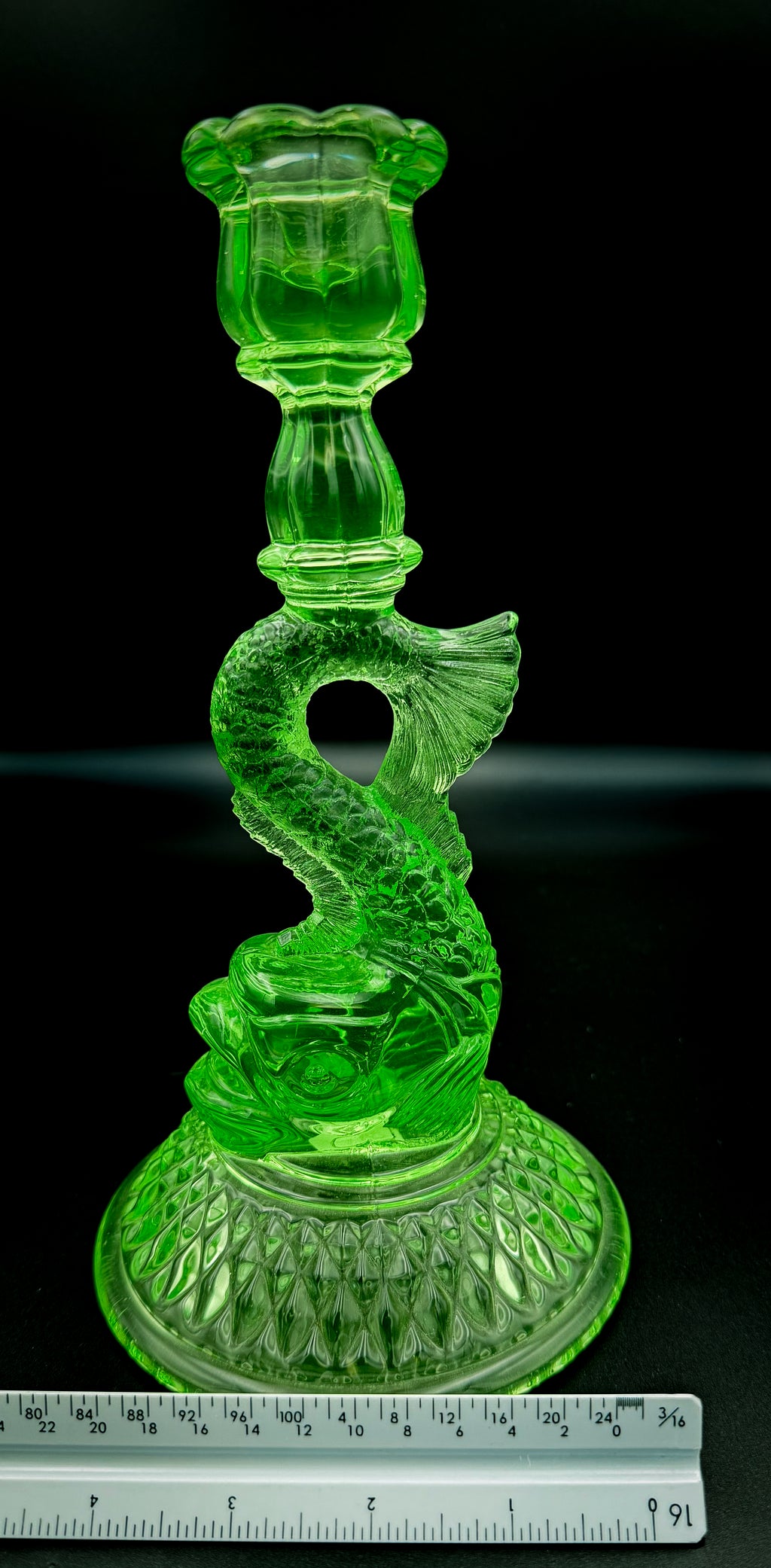 Cambridge Uranium Glass Koi Fish Candlesticks – Vintage Green Depression Glass Pair