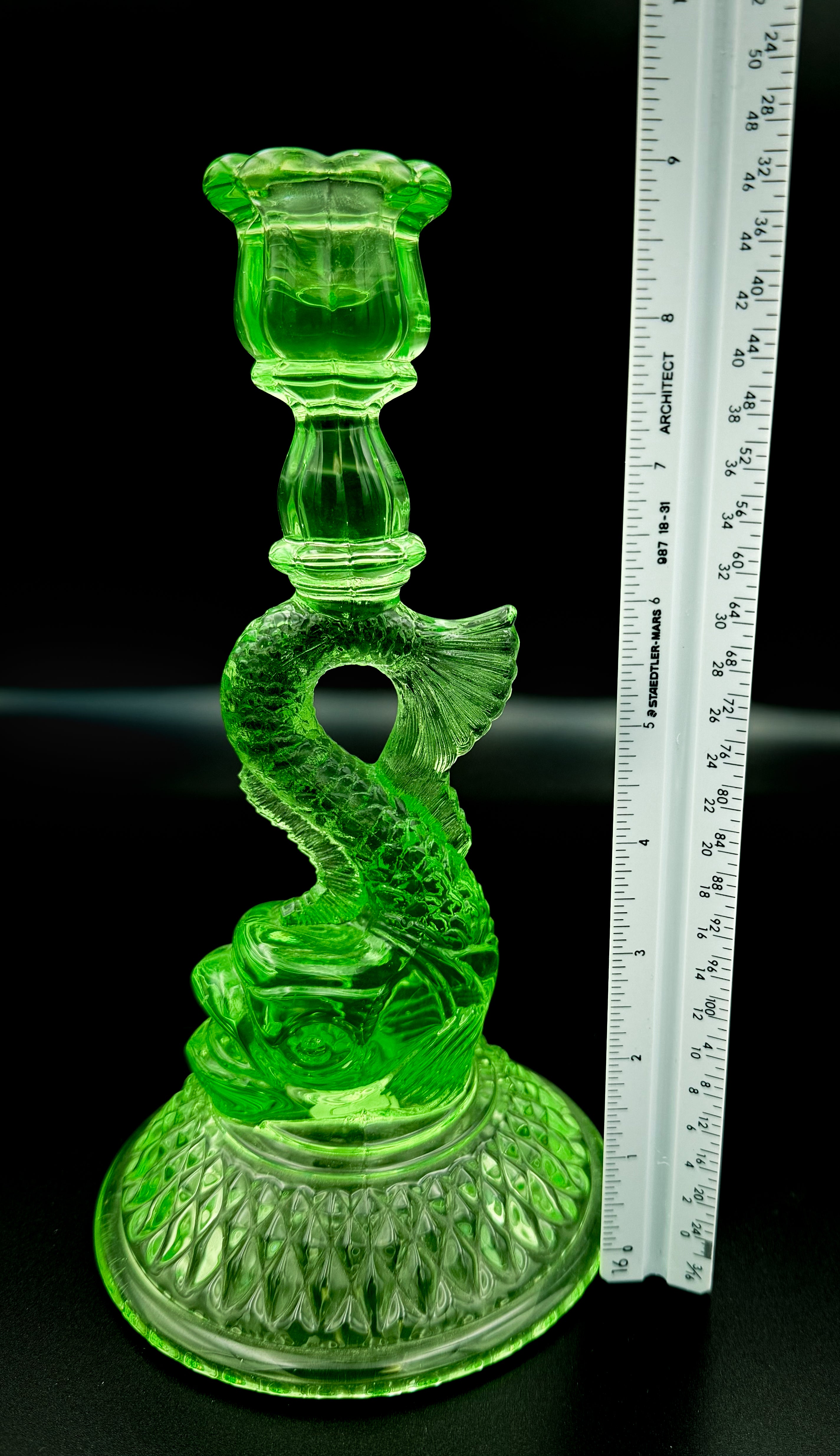 Cambridge Uranium Glass Koi Fish Candlesticks – Vintage Green Depression Glass Pair