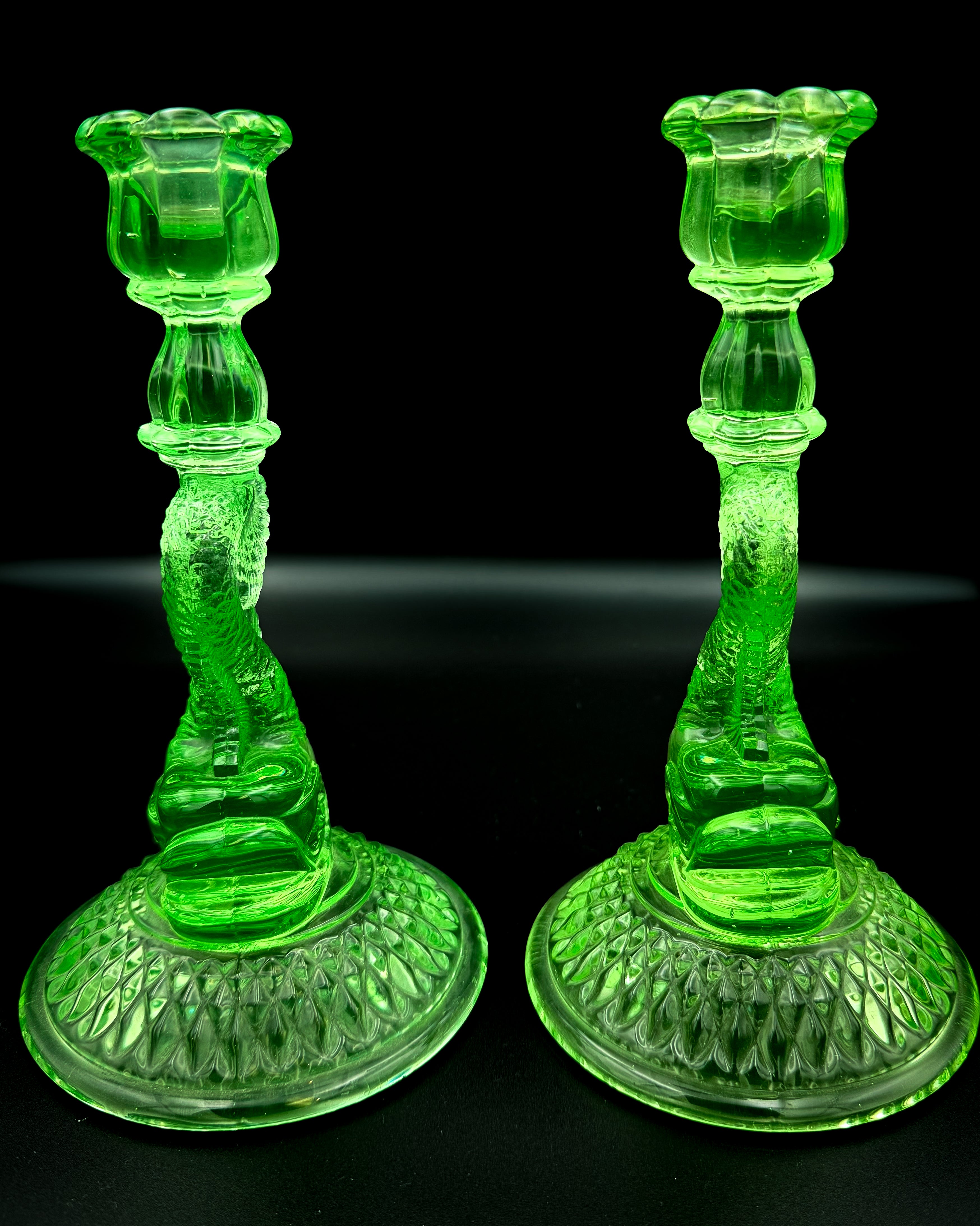 Cambridge Uranium Glass Koi Fish Candlesticks – Vintage Green Depression Glass Pair
