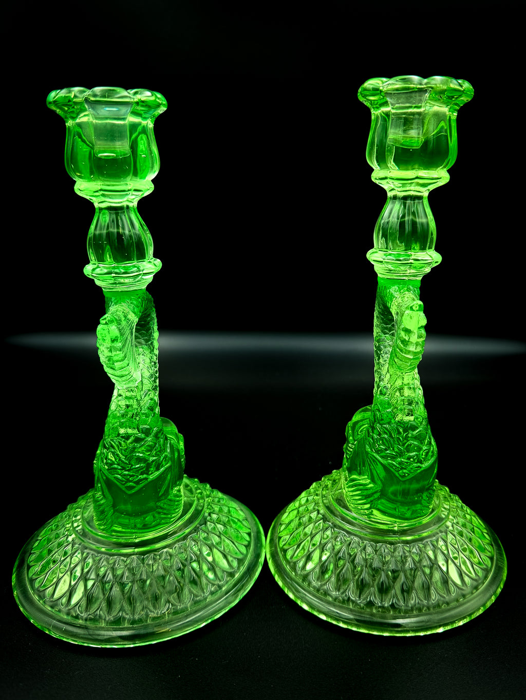 Cambridge Uranium Glass Koi Fish Candlesticks – Vintage Green Depression Glass Pair
