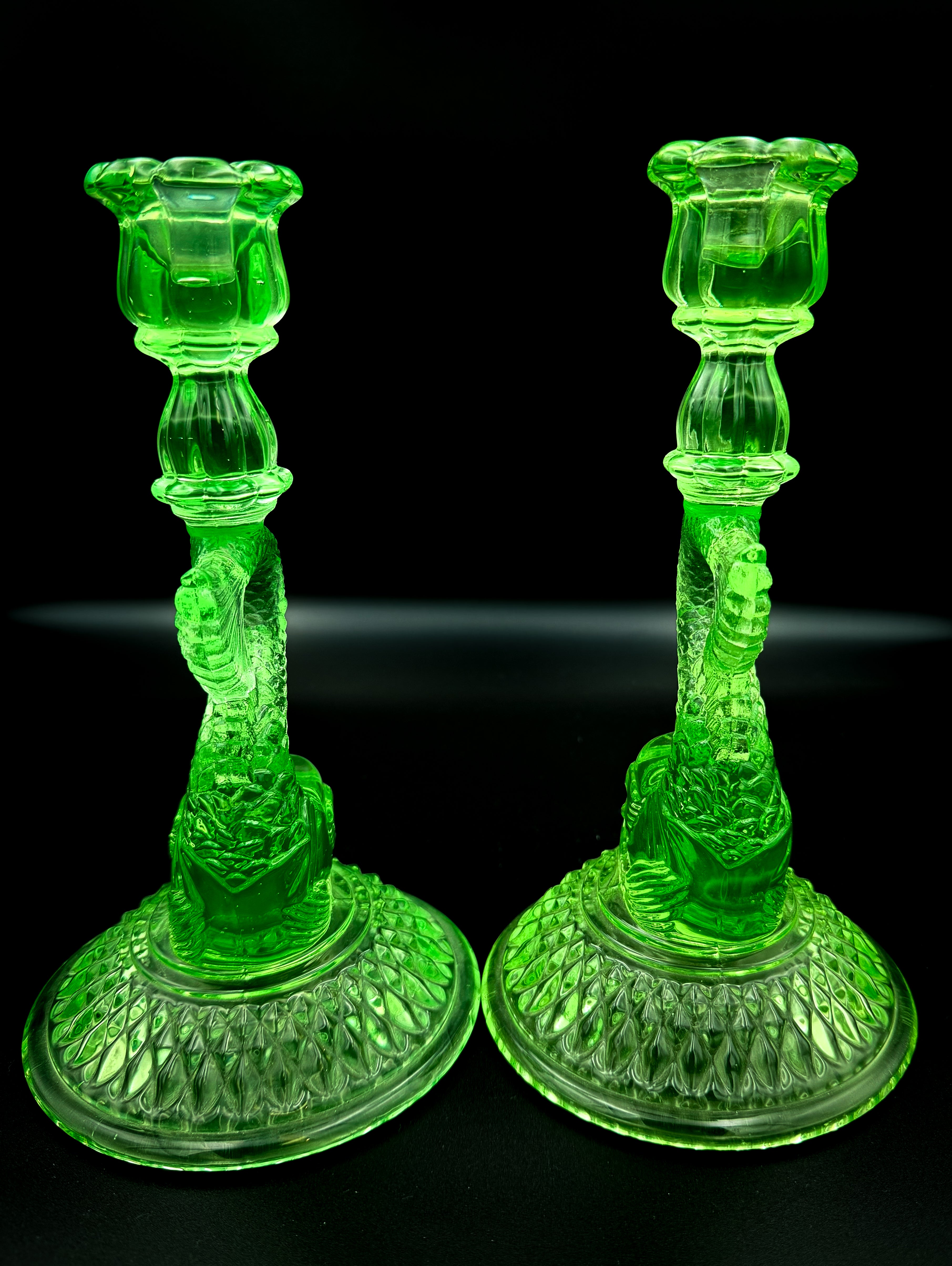 Cambridge Uranium Glass Koi Fish Candlesticks – Vintage Green Depression Glass Pair