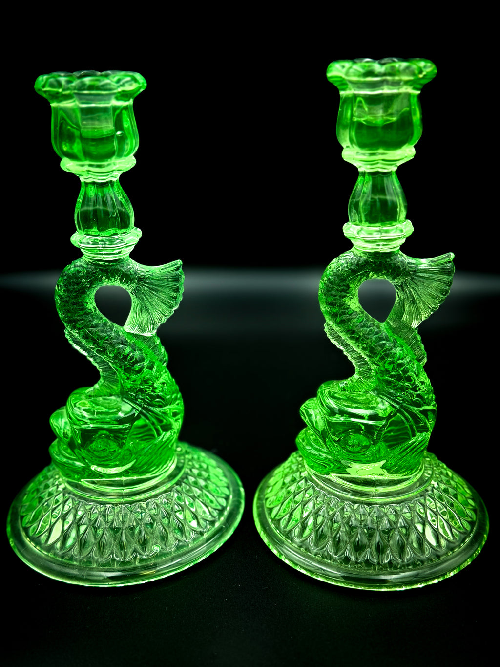 Cambridge Uranium Glass Koi Fish Candlesticks – Vintage Green Depression Glass Pair