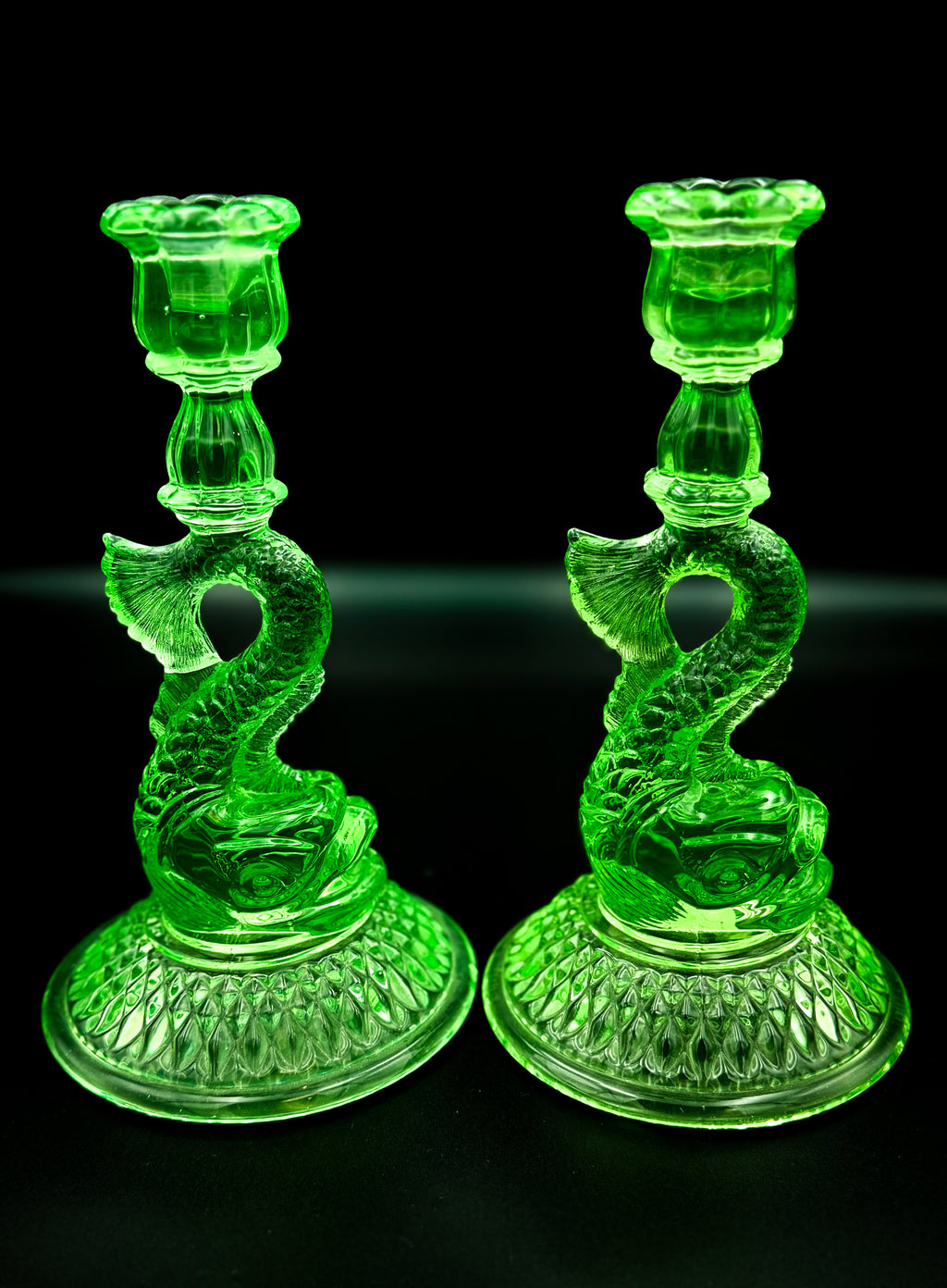 Cambridge Uranium Glass Koi Fish Candlesticks – Vintage Green Depression Glass Pair