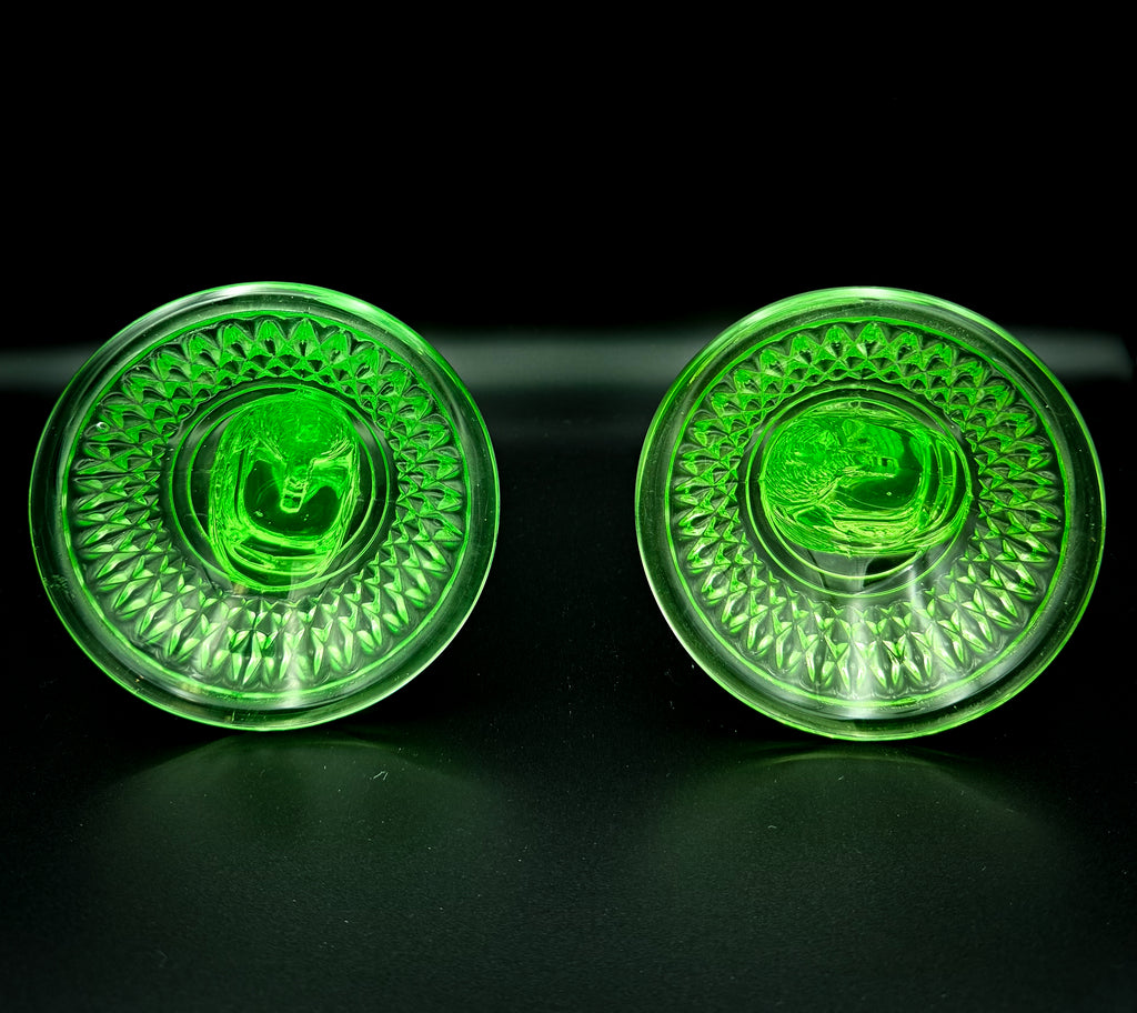 Cambridge Uranium Glass Koi Fish Candlesticks – Vintage Green Depression Glass Pair
