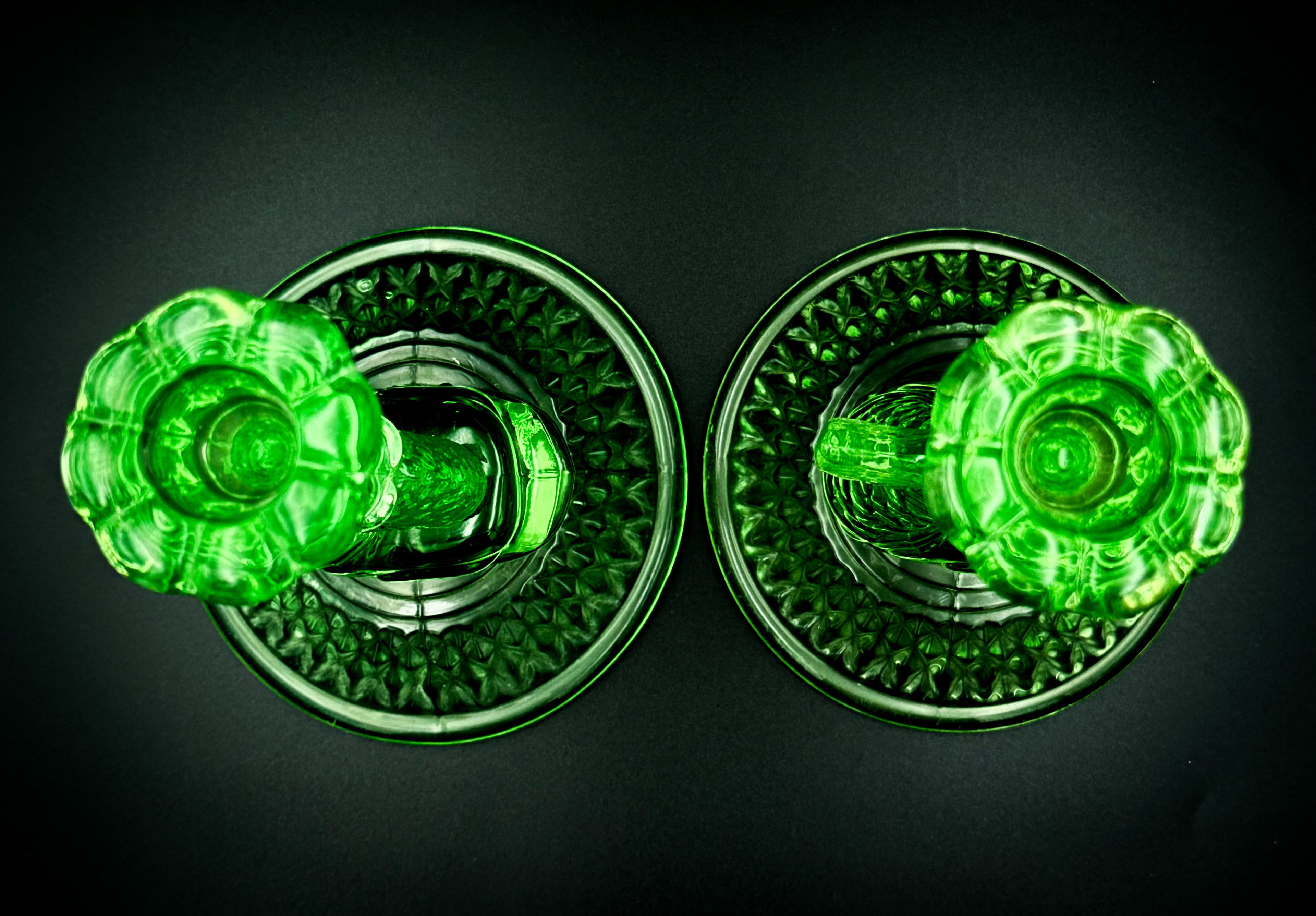 Cambridge Uranium Glass Koi Fish Candlesticks – Vintage Green Depression Glass Pair