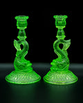 Cambridge Uranium Glass Koi Fish Candlesticks – Vintage Green Depression Glass Pair