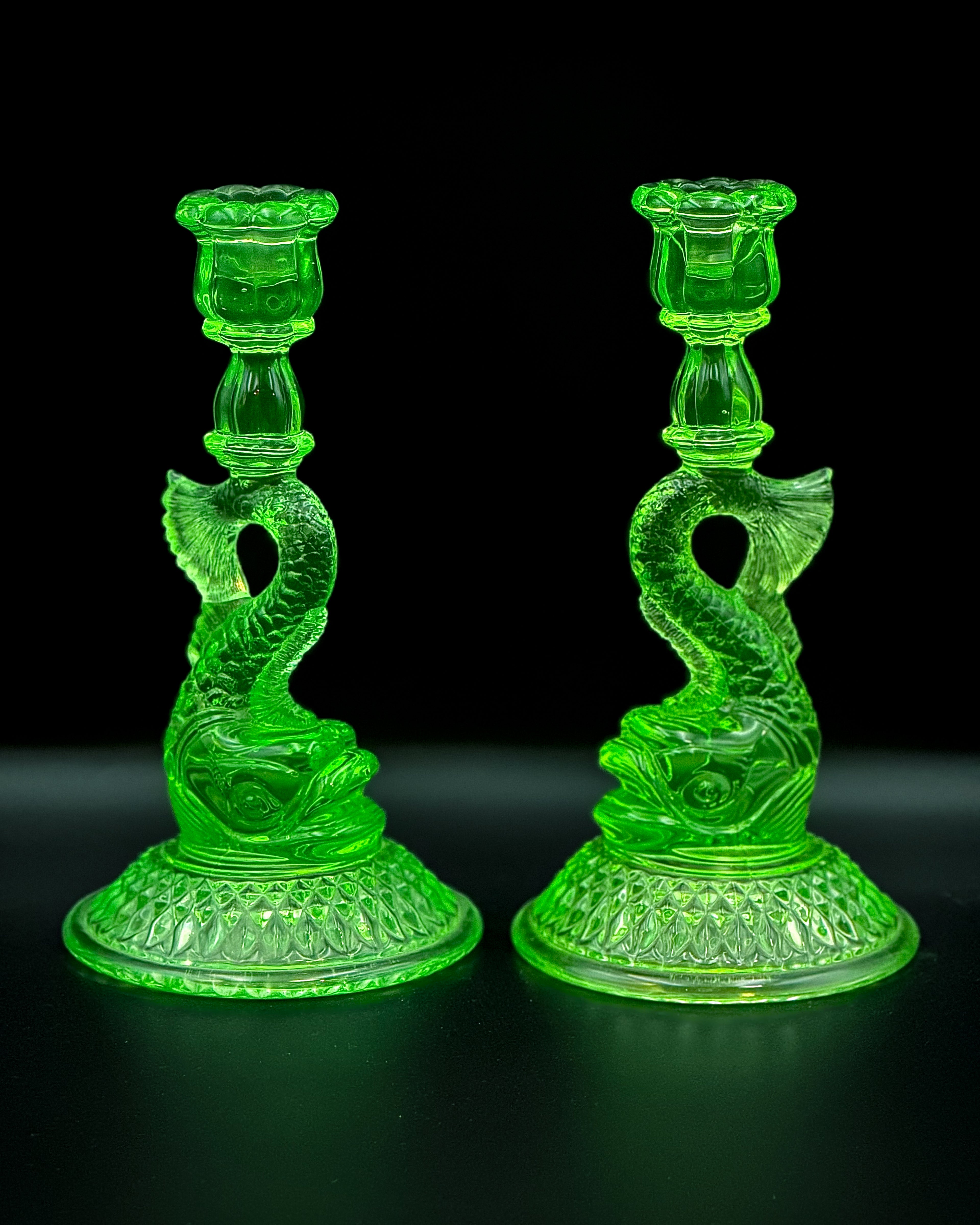 Cambridge Uranium Glass Koi Fish Candlesticks – Vintage Green Depression Glass Pair