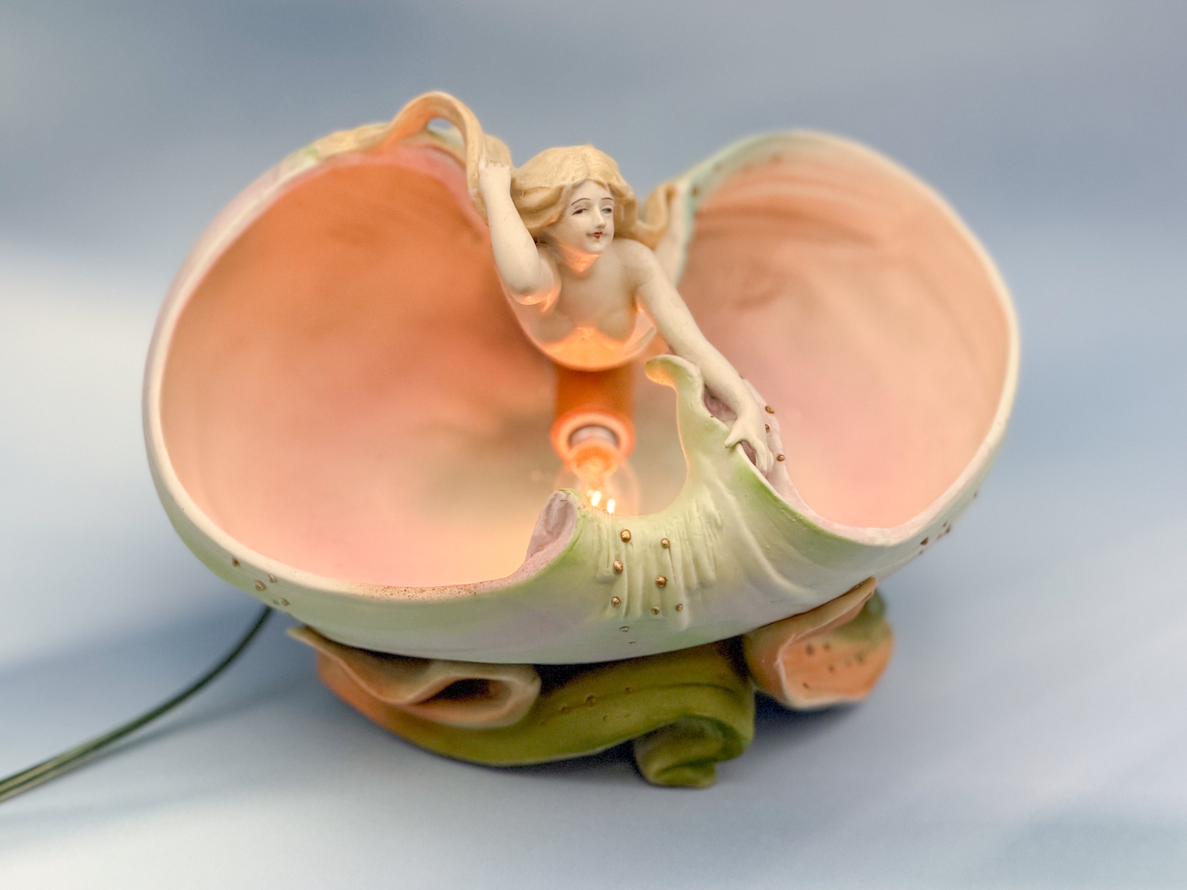 Royal Dux Art Nouveau Mermaid Shell Bowl – Antique Bohemian Porcelain Figural Centerpiece