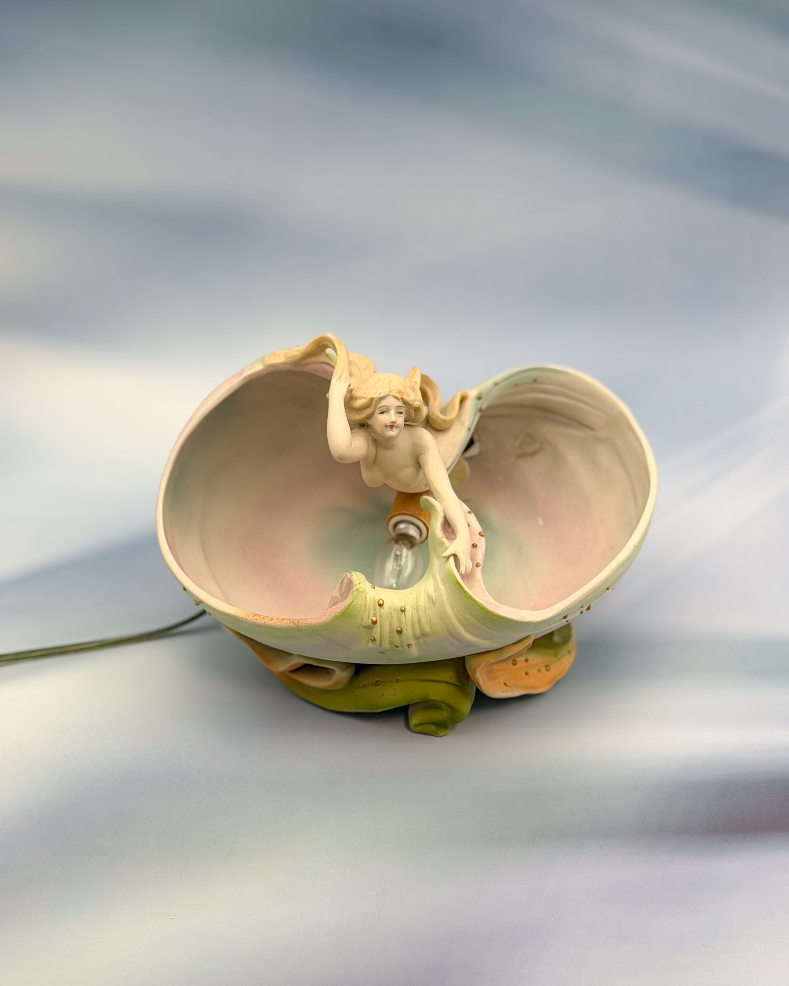 Royal Dux Art Nouveau Mermaid Shell Bowl – Antique Bohemian Porcelain Figural Centerpiece