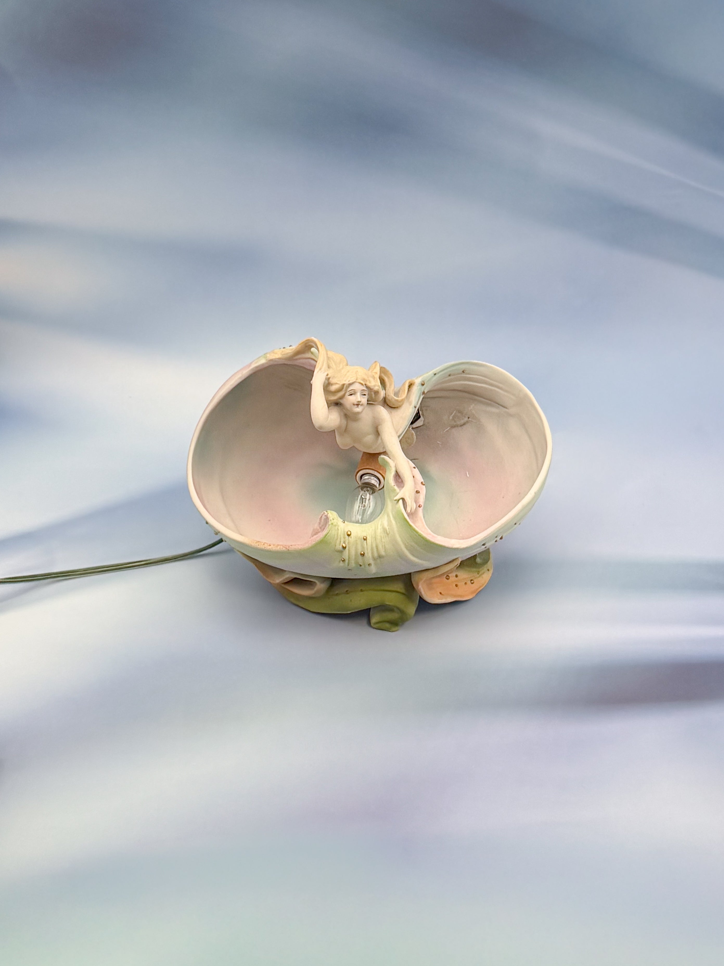 Royal Dux Art Nouveau Mermaid Shell Bowl – Antique Bohemian Porcelain Figural Centerpiece