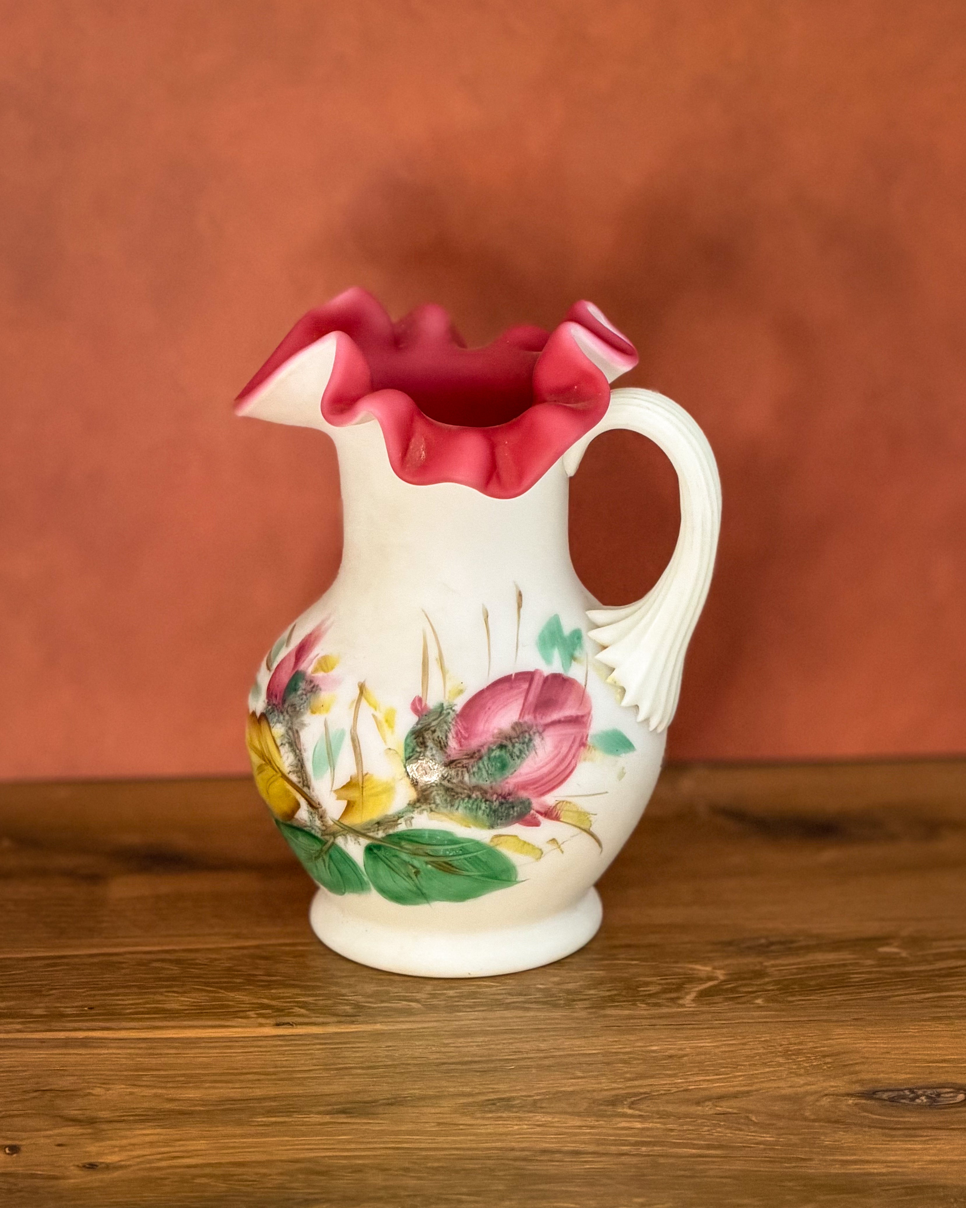 Fenton for L.E. Wright Peach Blow Art Glass Pitcher – Hand Painted Floral Vase